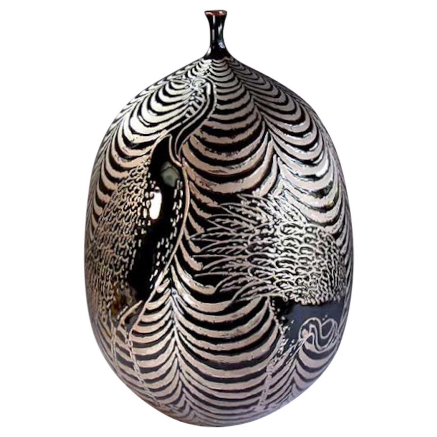Japanese Platinum Black Porcelain Vase by Contemporary Master Artist