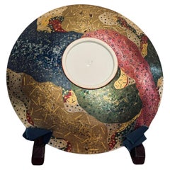 Japanese Platinum Gold Blue Pink Porcelain Charger by Contemporary Master Artist