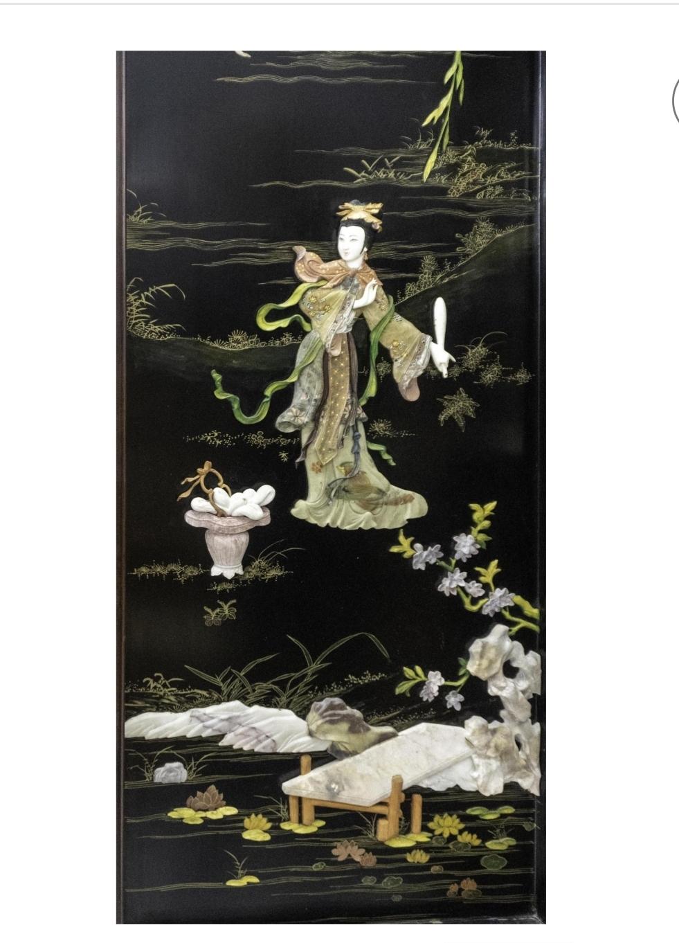 Tacheté Paravent à quatre panneaux en pierre sculptée et laque polychrome japonaise en vente