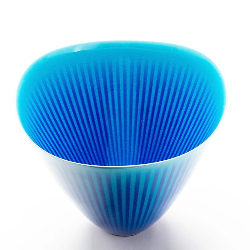 Enameled Japanese Porcelain Blue and Turquoise Striped Deep Bowl by Atsushi Miyanishi For Sale