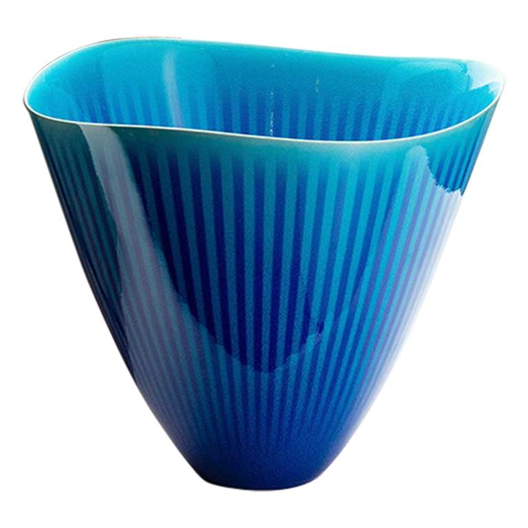 Japanese Porcelain Blue and Turquoise Striped Deep Bowl by Atsushi Miyanishi For Sale