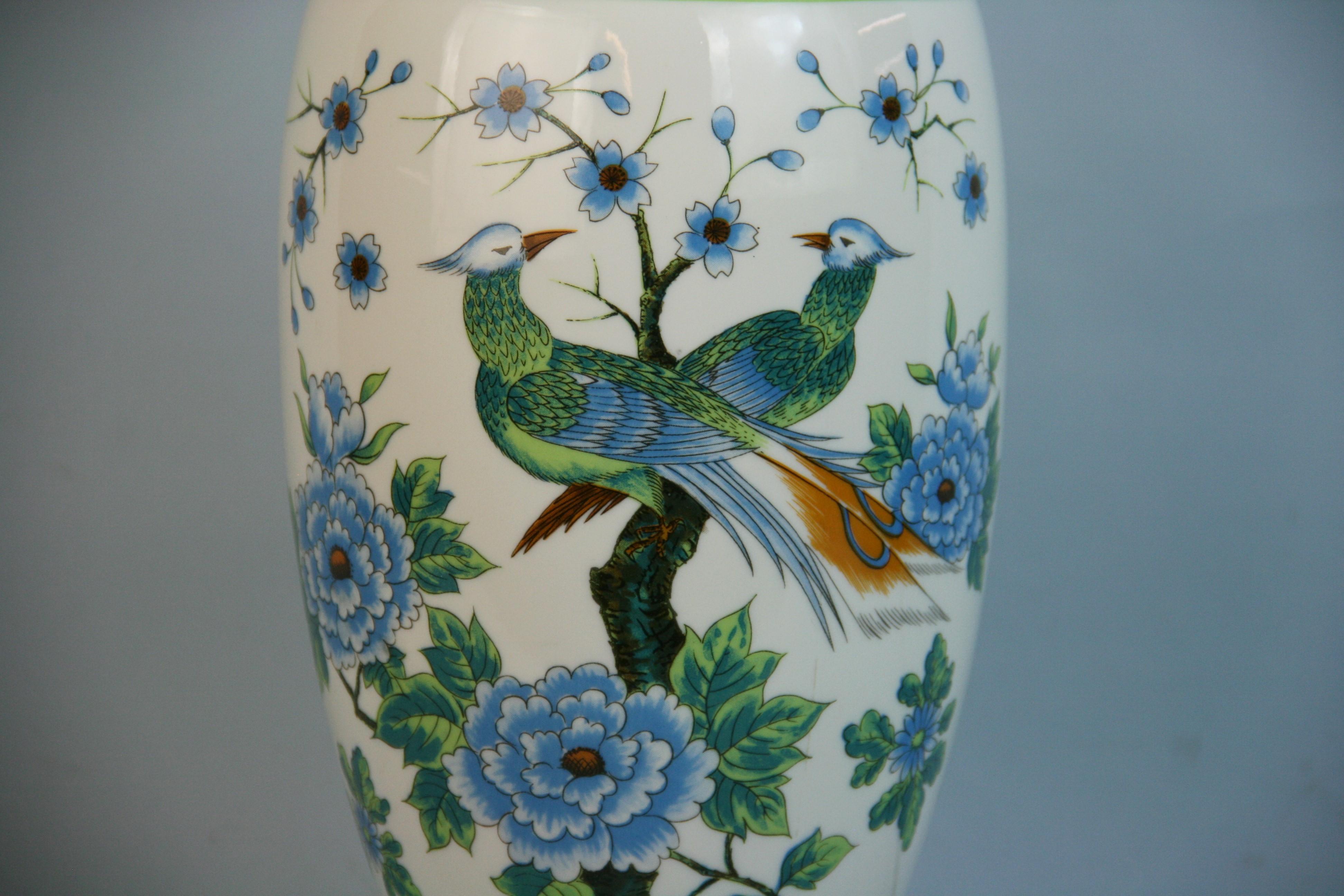 Japanese Porcelain Blue and White Birds and Flowers Lamp 1960's In Good Condition For Sale In Douglas Manor, NY
