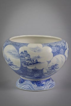 Japanese Porcelain Blue and White Fish Jardiniere on Stand, circa 1890