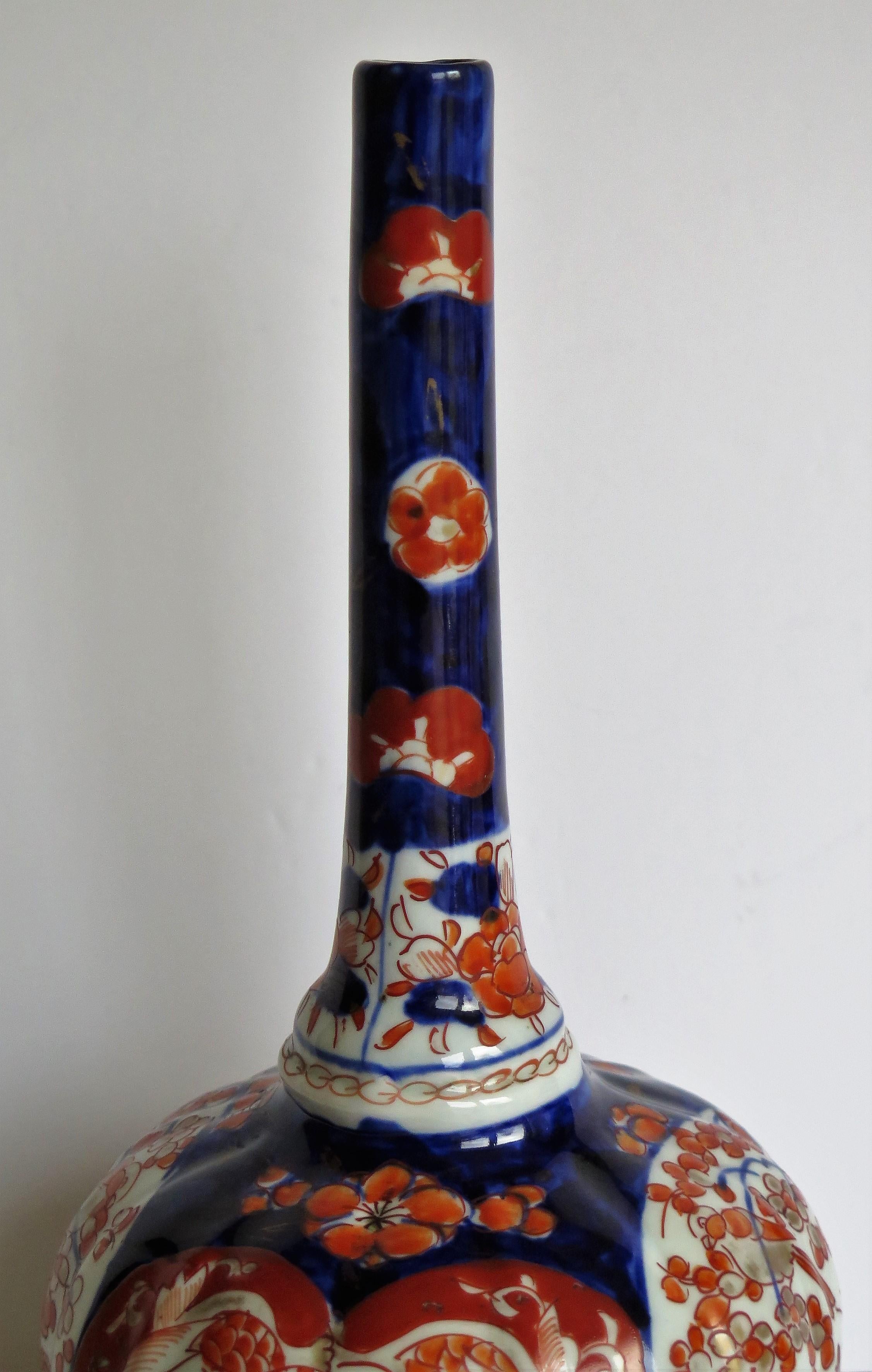 Hand-Painted Japanese Porcelain Bottle Vase Hand Painted Imari, Meiji Period Circa 1875