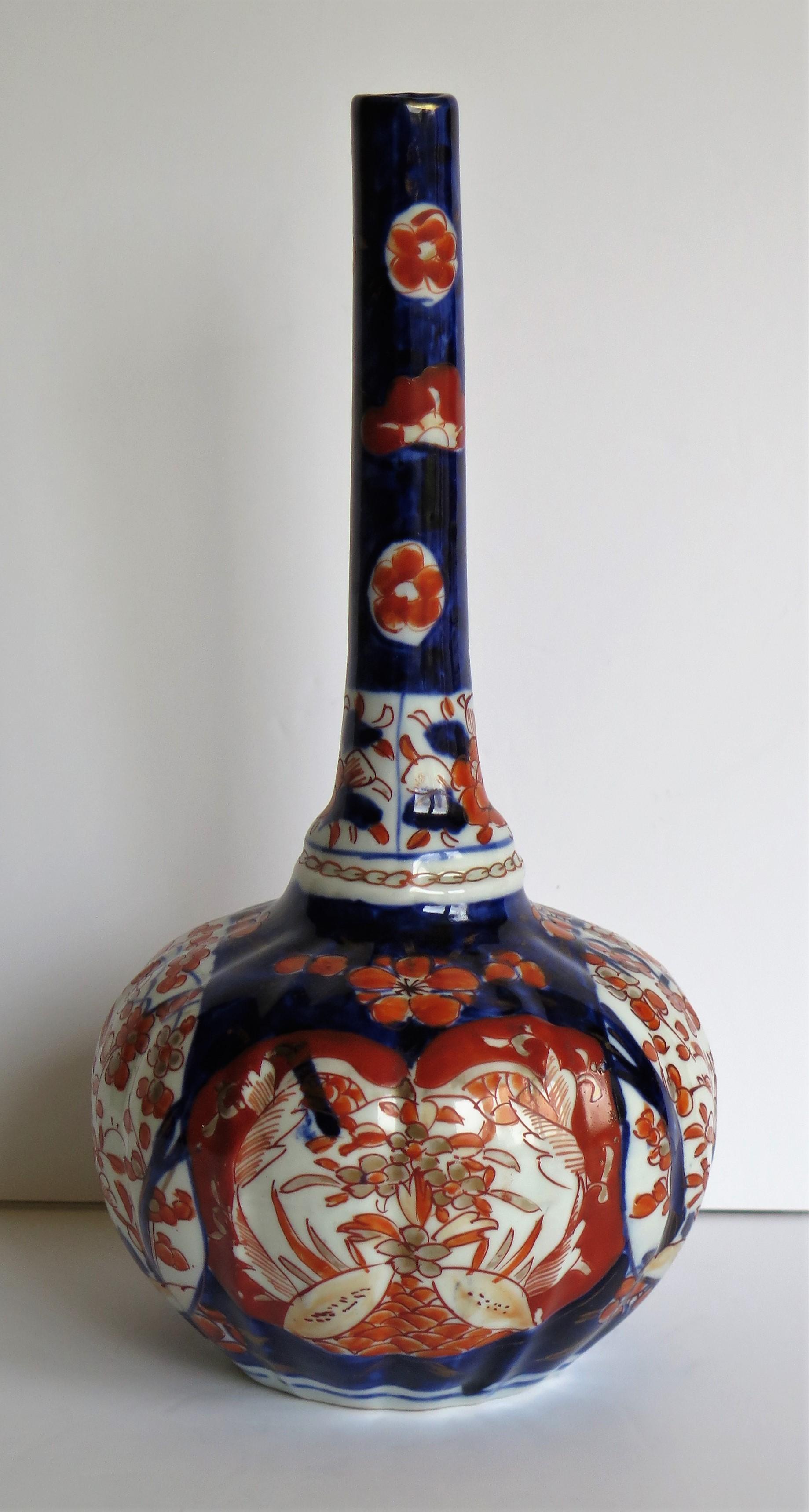 19th Century Japanese Porcelain Bottle Vase Hand Painted Imari, Meiji Period Circa 1875