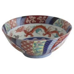 Japanese Porcelain Bowl Hand-Painted Dragon & Phoenix Polychrome Scene, Meiji