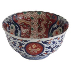 Antique Japanese Porcelain Bowl Hand-Painted Vines, flowers & Dragons, Meiji Ca 1860