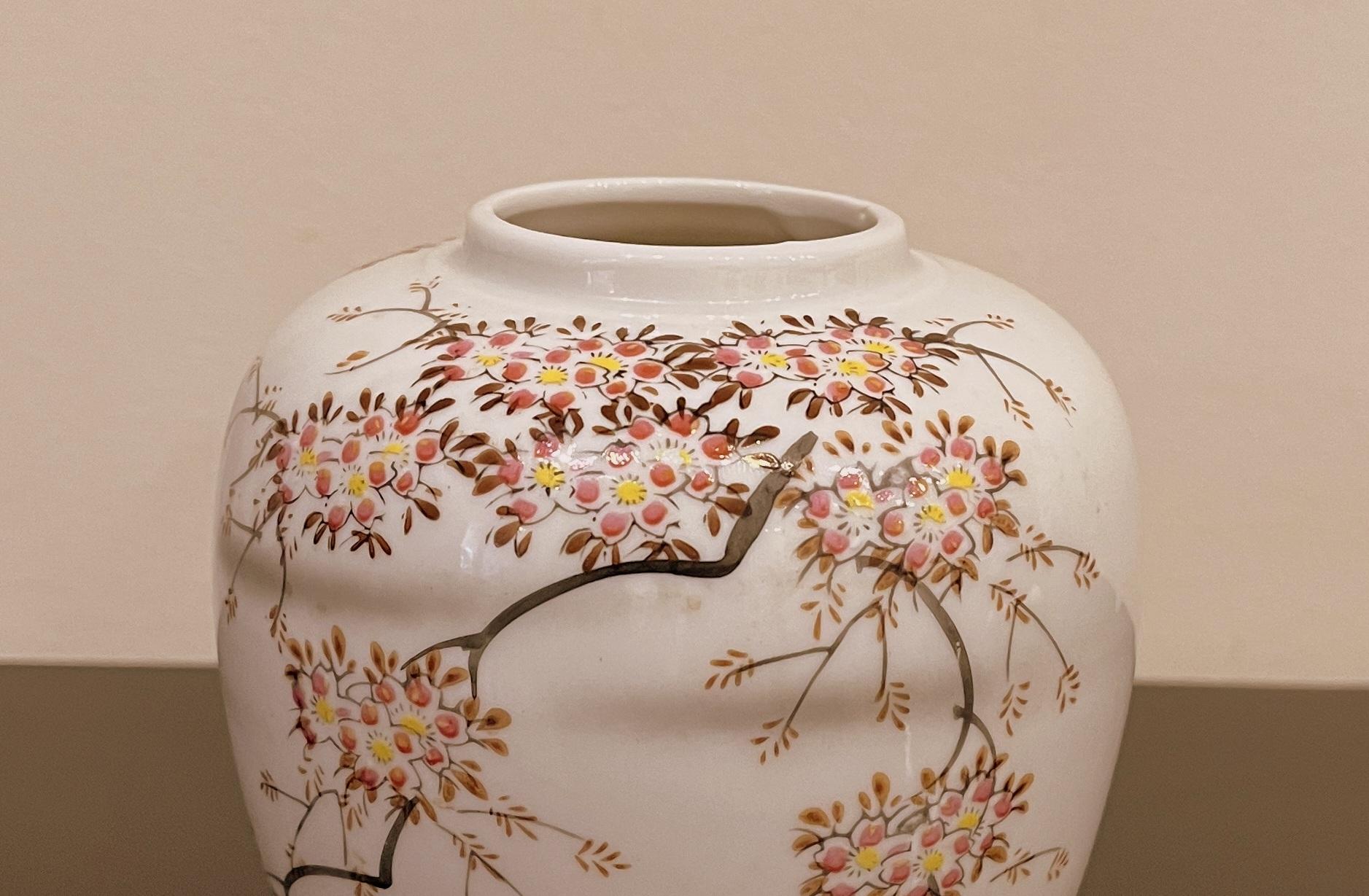 Hand-Painted Japanese Porcelain Floral Vase For Sale