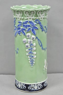 Japanese Porcelain Glazed Celadon Wisteria Flower & Butterfly Umbrella Stand