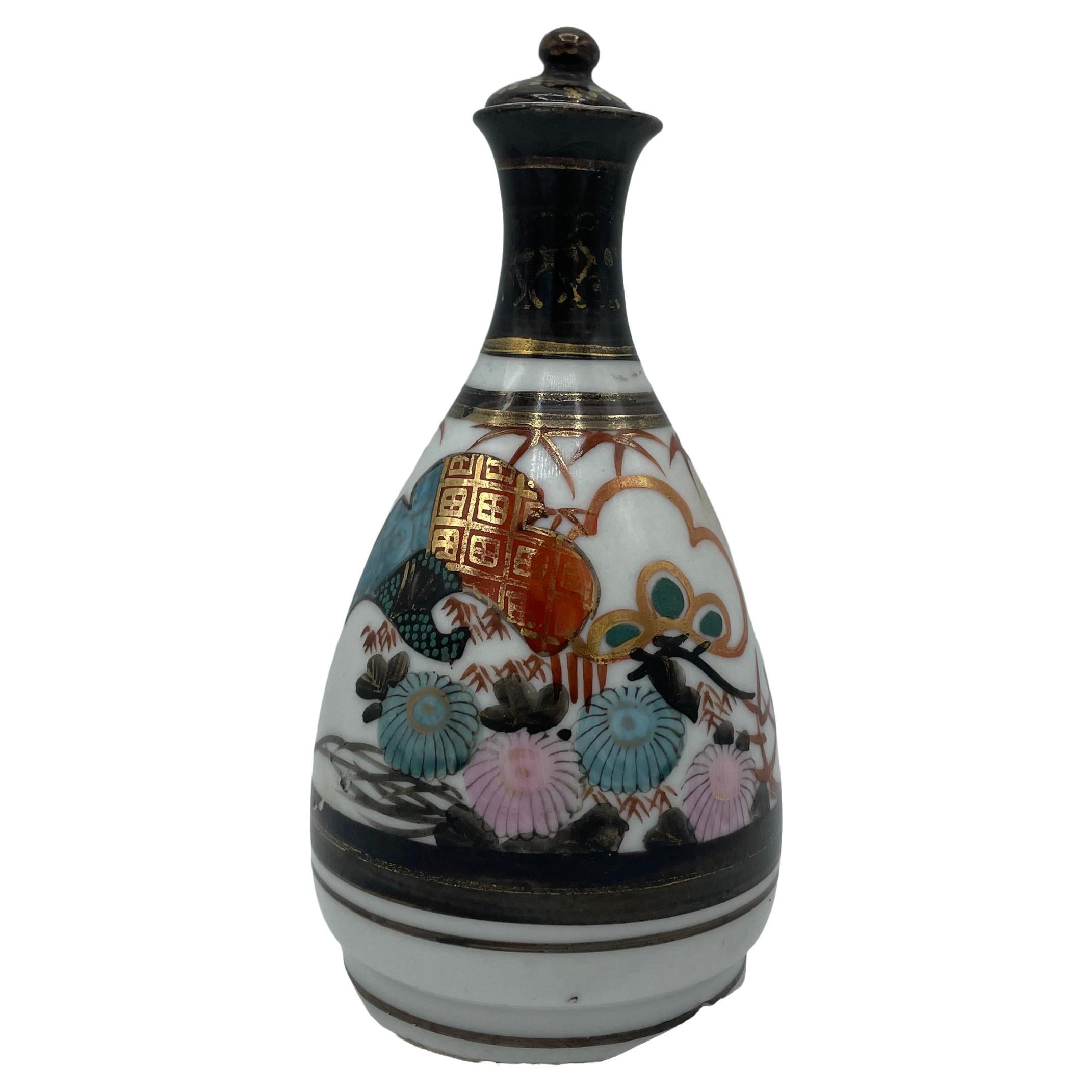 Bouteille de Sake Kutani en porcelaine japonaise avec couvercle 1970 