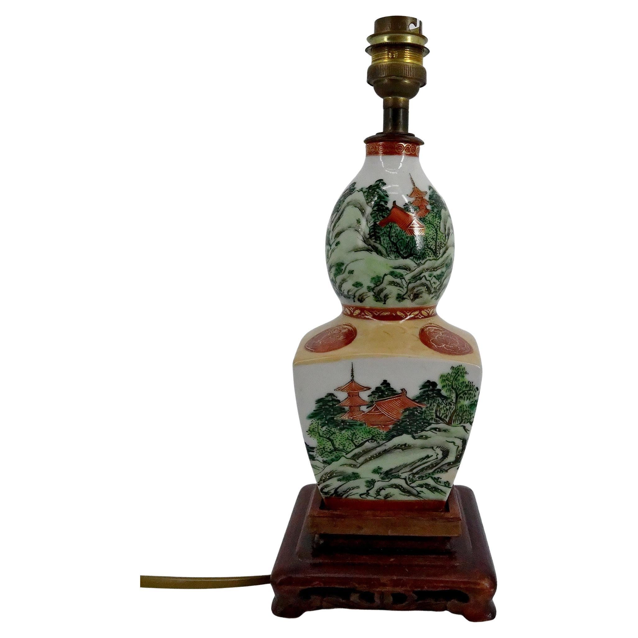 Japanese Porcelain Lamp, Decorated with Castles and Pagodas, Mid-20th Century