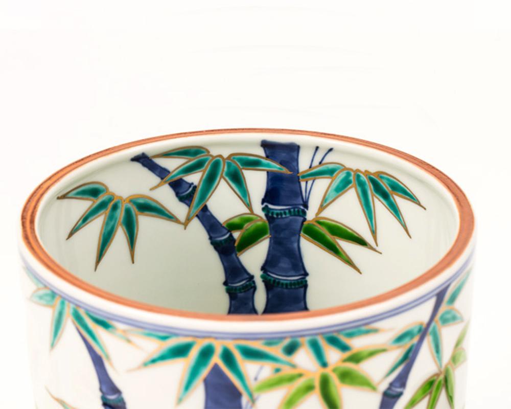 Glazed Japanese Porcelain Mizusashi with a Hand Painted Bamboo Motif