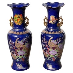 Floor Vases Japanese Porcelain in Cobalt Blue and Imperial Peacock Decor, Pair