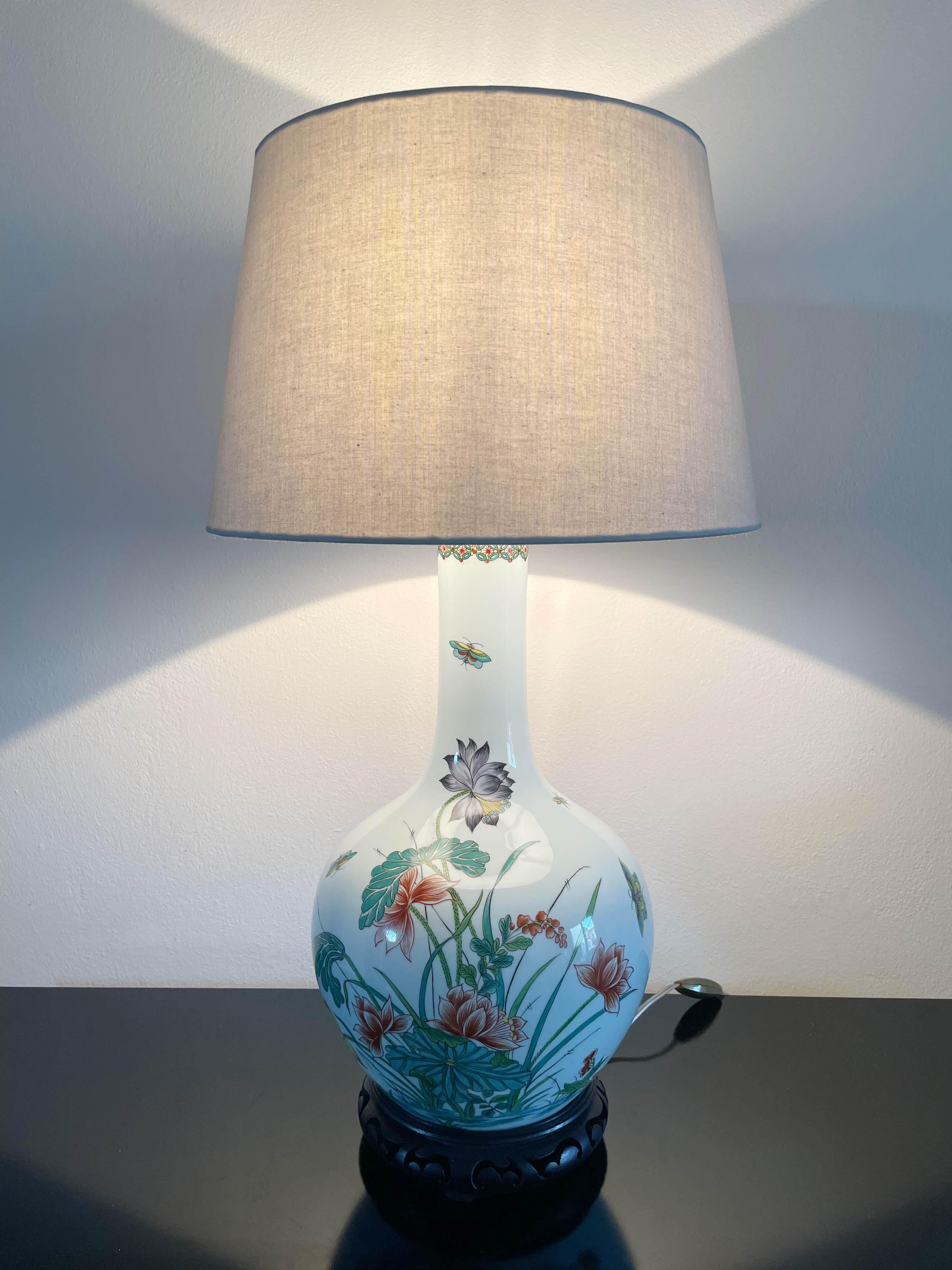 Wood Japanese Porcelain Table Lamp For Sale