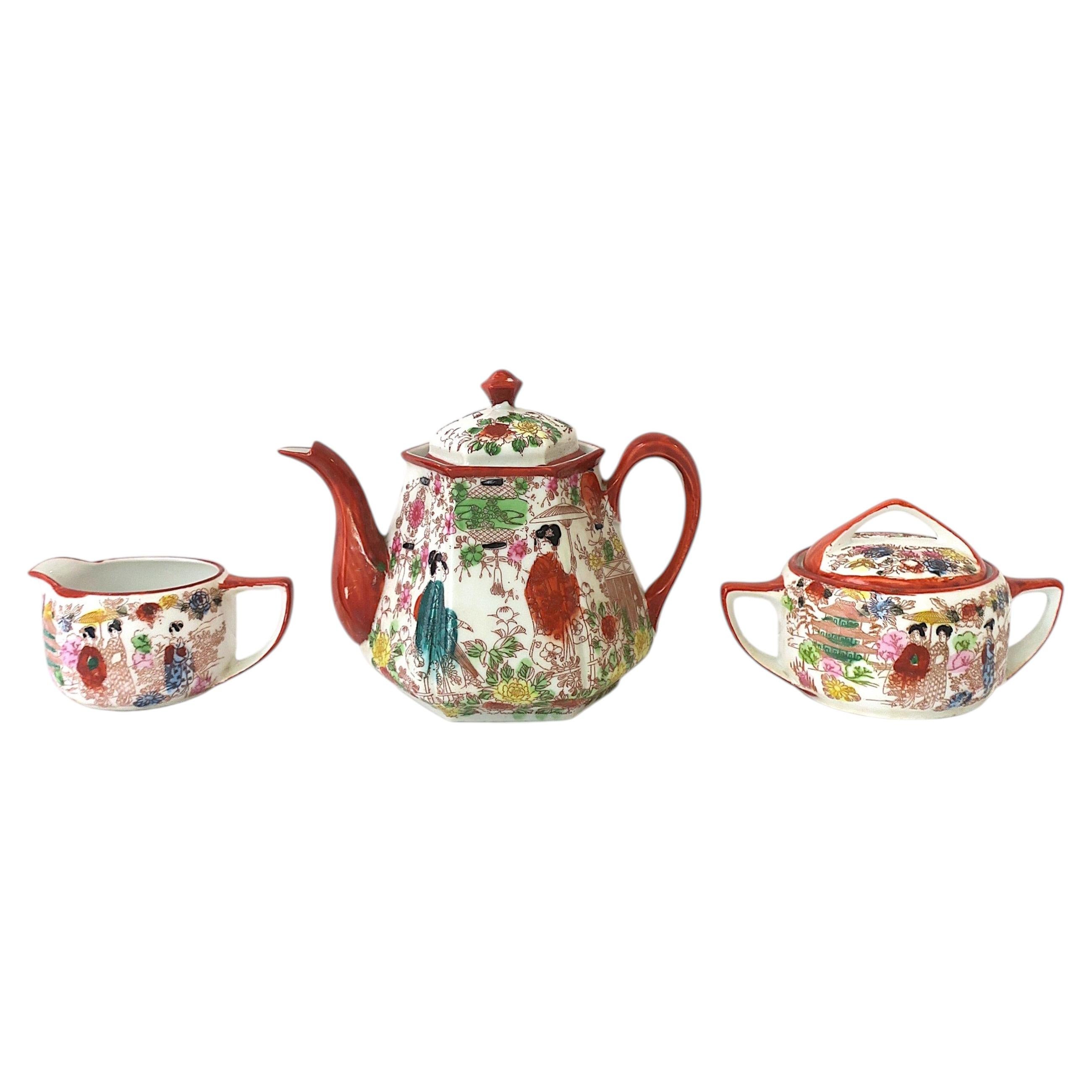 Japanese Porcelain Tea Coffee Set, Satsuma Art Nouveau Style, Mid-20th Century