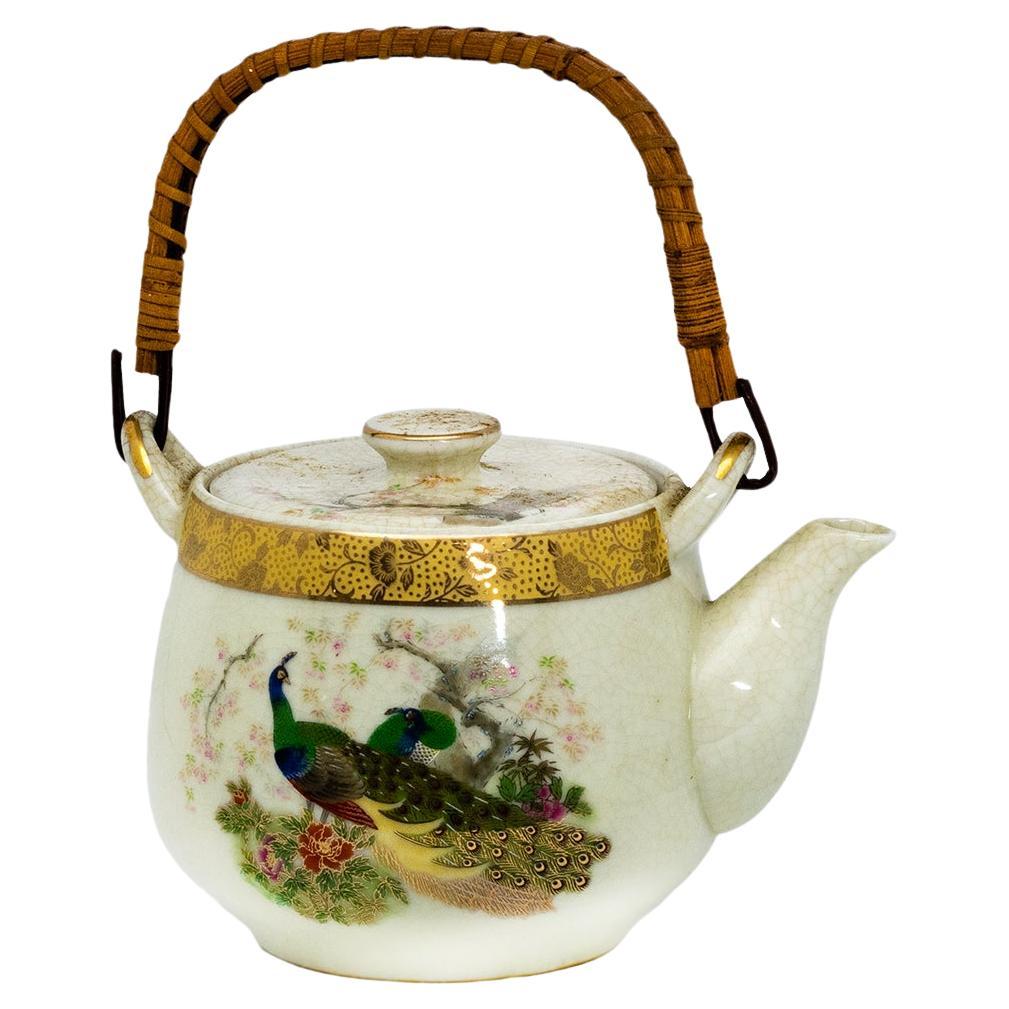 Japanese Porcelain Teapot With Peacocks and Gilded Rim, 20th Century