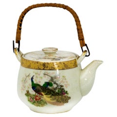 Japanese Porcelain Teapot With Peacocks and Gilded Rim, 20th Century, Gift Idea