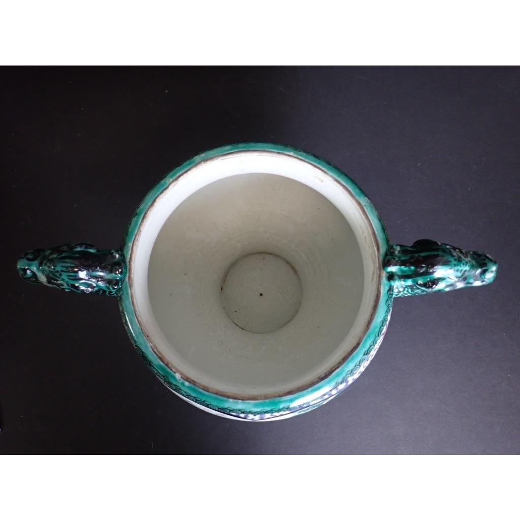 Japanese Green and White Porcelain Vase with Dragon Handles In Good Condition In Norwood, NJ