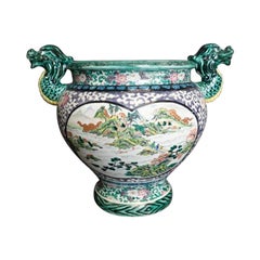 Antique Japanese Green and White Porcelain Vase with Dragon Handles