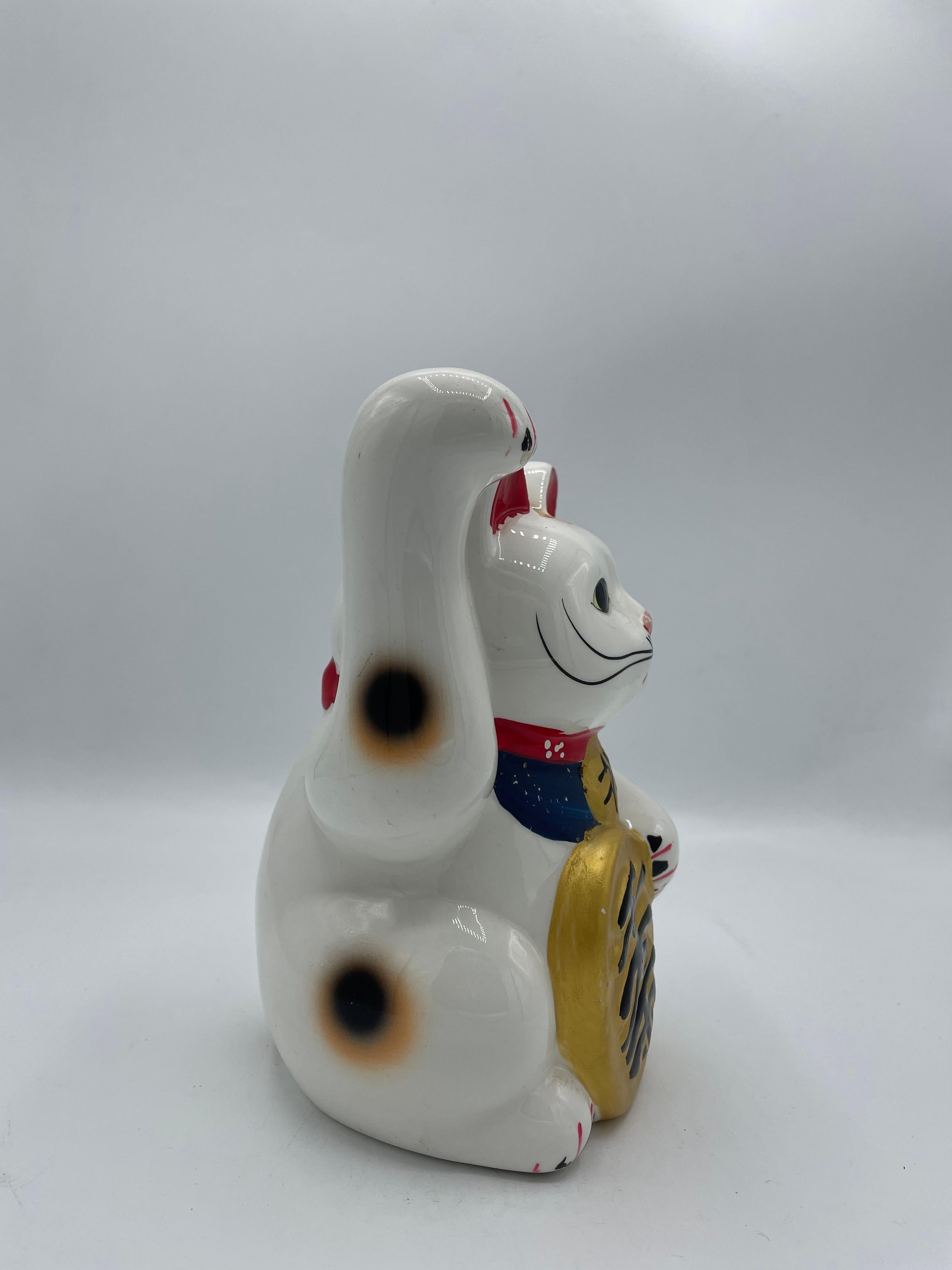 Showa Japanese Porcelain White Manekineko Cat Object Piggy Bank 1980s For Sale