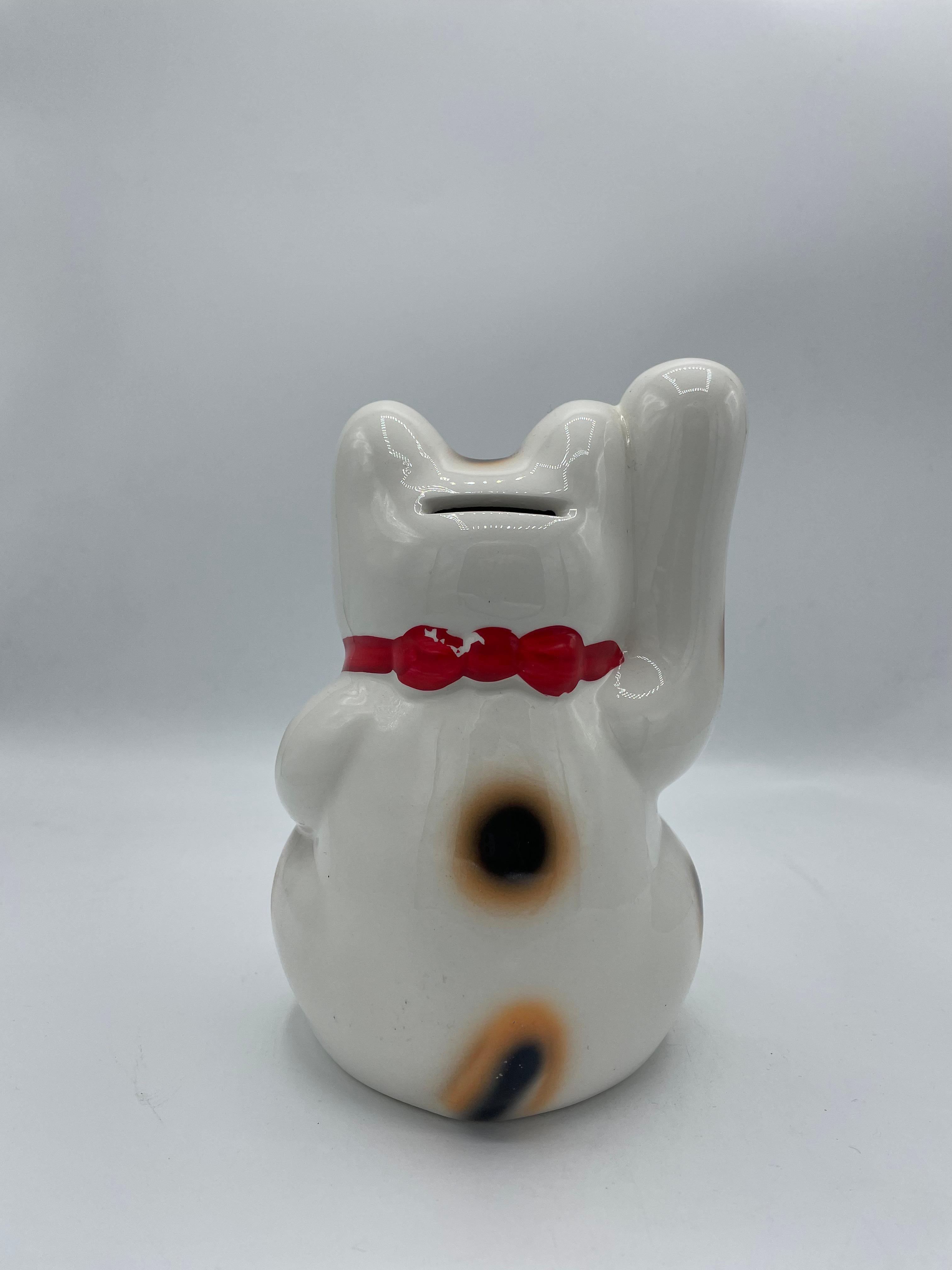 Hand-Painted Japanese Porcelain White Manekineko Cat Object Piggy Bank 1980s