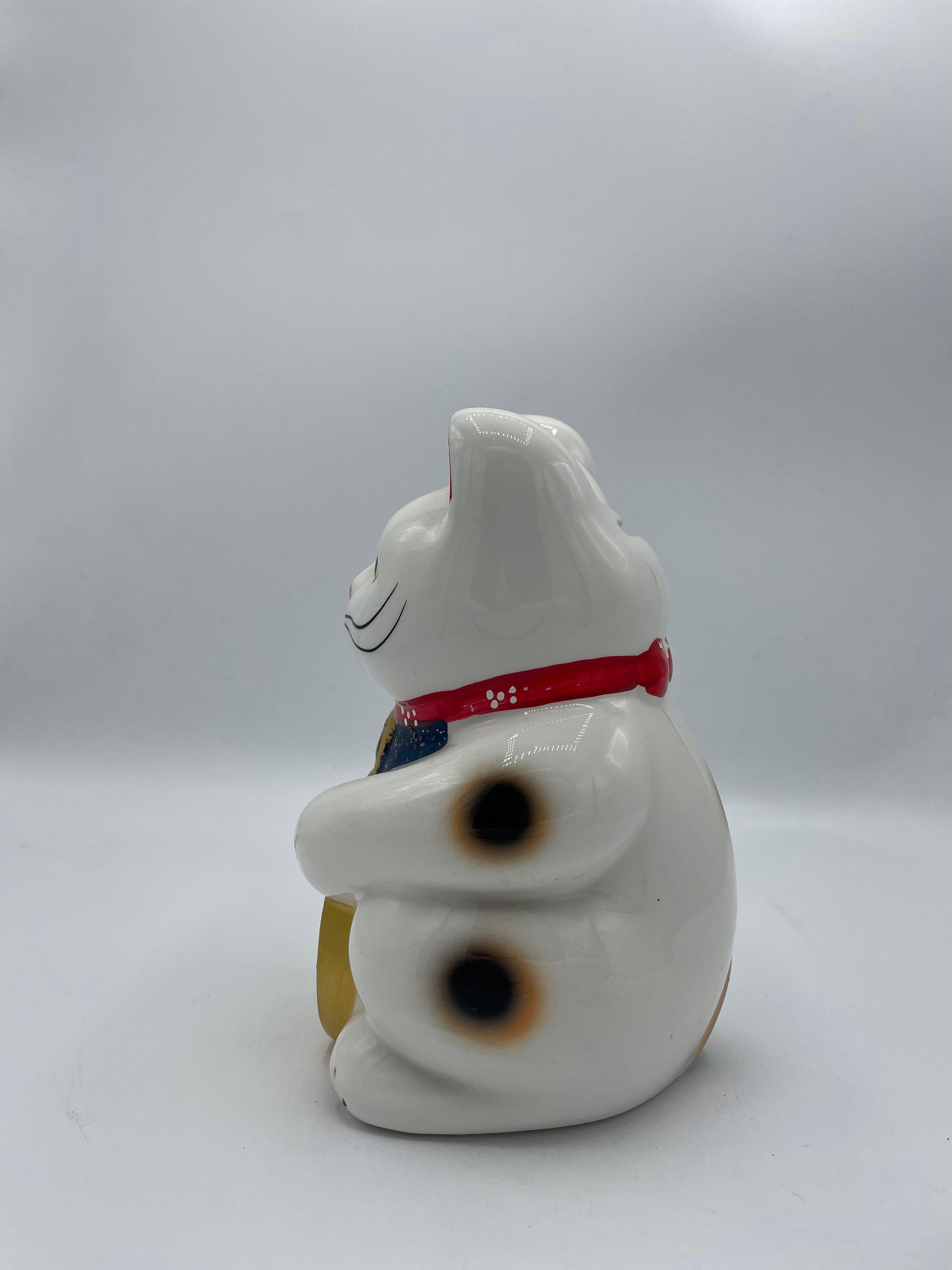 Late 20th Century Japanese Porcelain White Manekineko Cat Object Piggy Bank 1980s For Sale