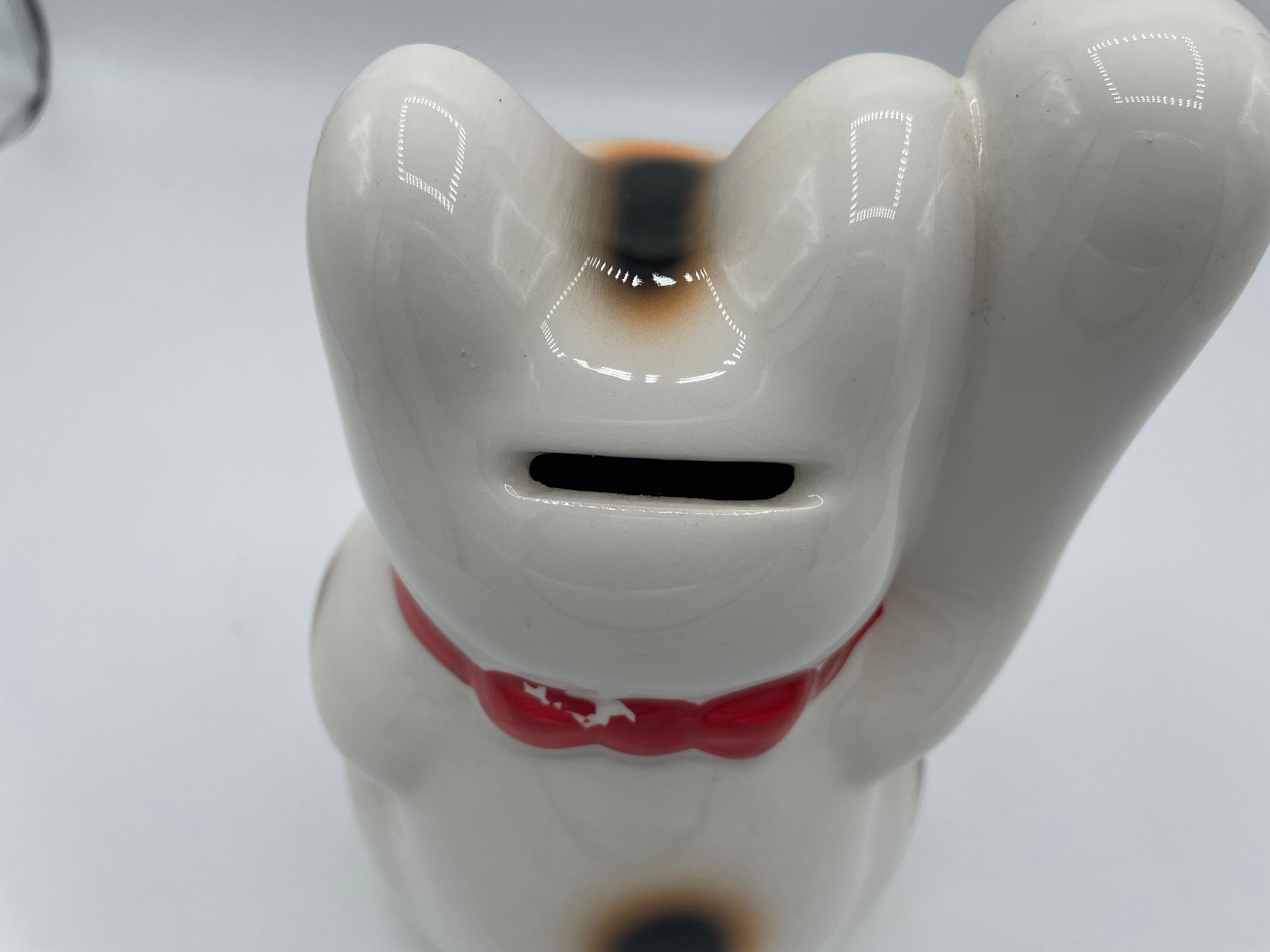 Japanese Porcelain White Manekineko Cat Object Piggy Bank 1980s 3