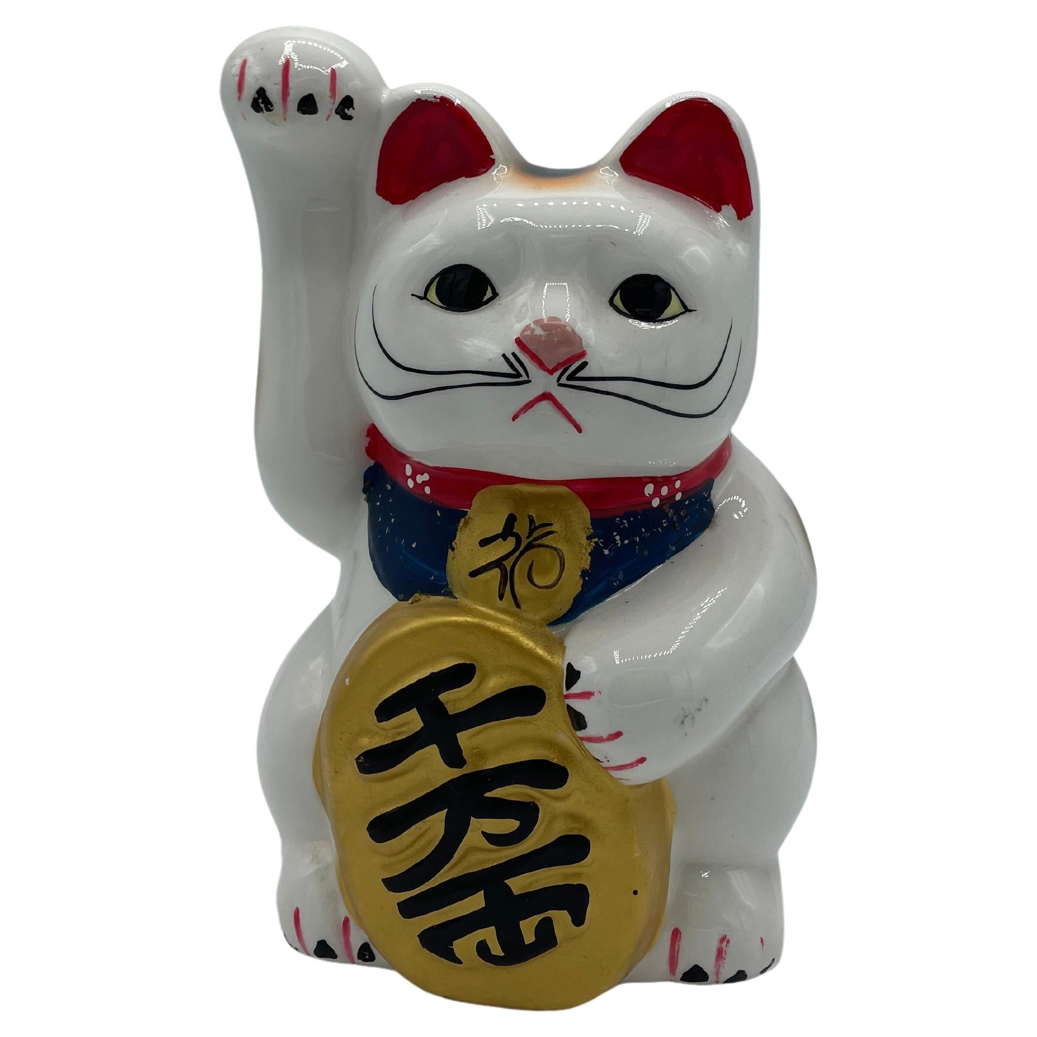 Japanese Porcelain White Manekineko Cat Object Piggy Bank 1980s For Sale
