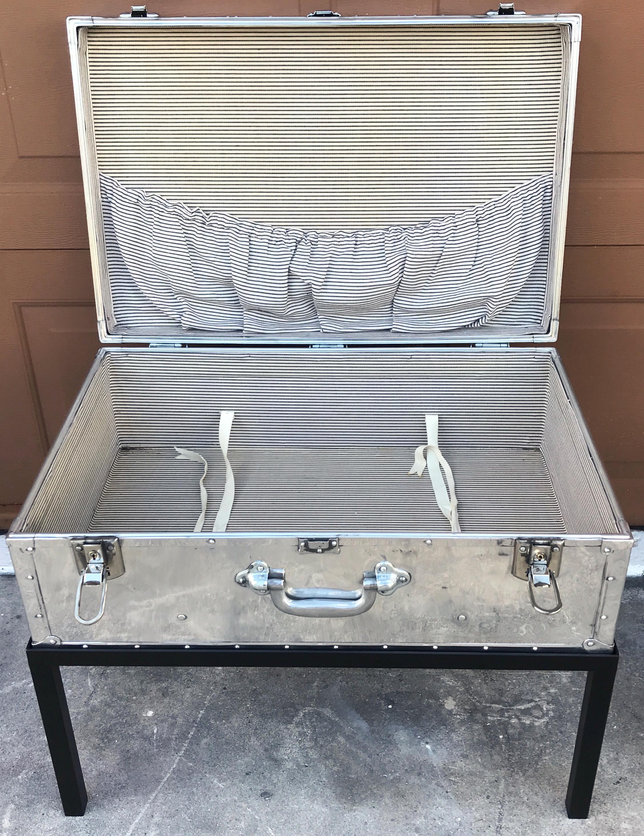 Japanese Post War Aluminum Riveted Trunk on Iron Stand with Glass Top, Restored For Sale 2