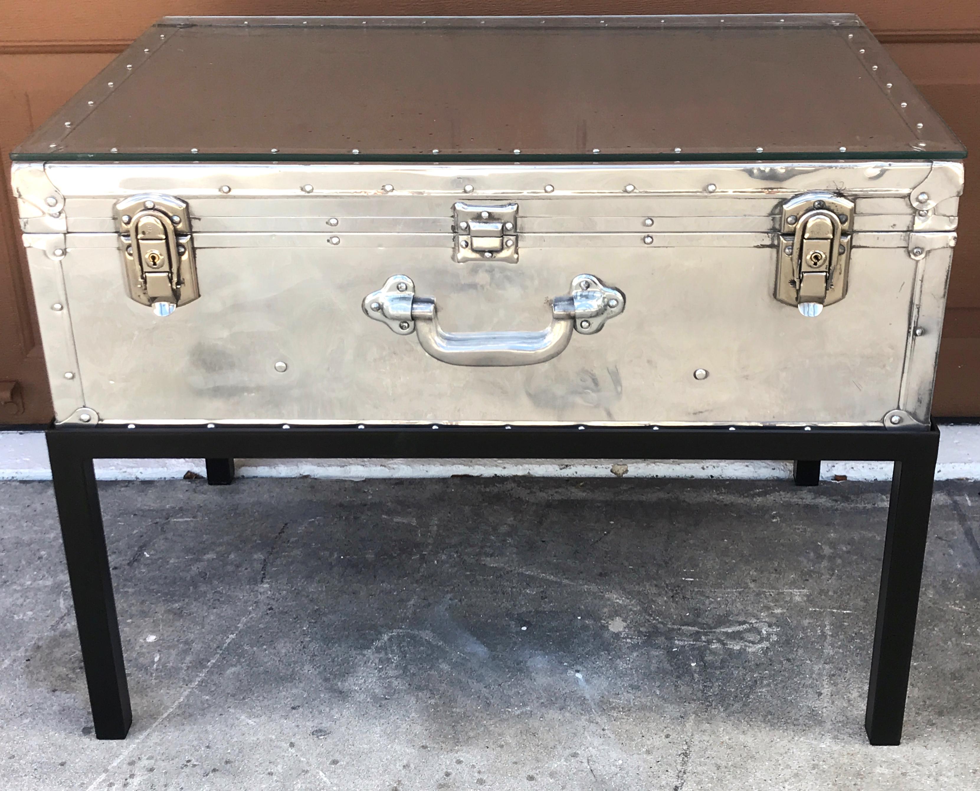 Japanese Post War Aluminum Riveted Trunk on Iron Stand with Glass Top, Restored For Sale 3