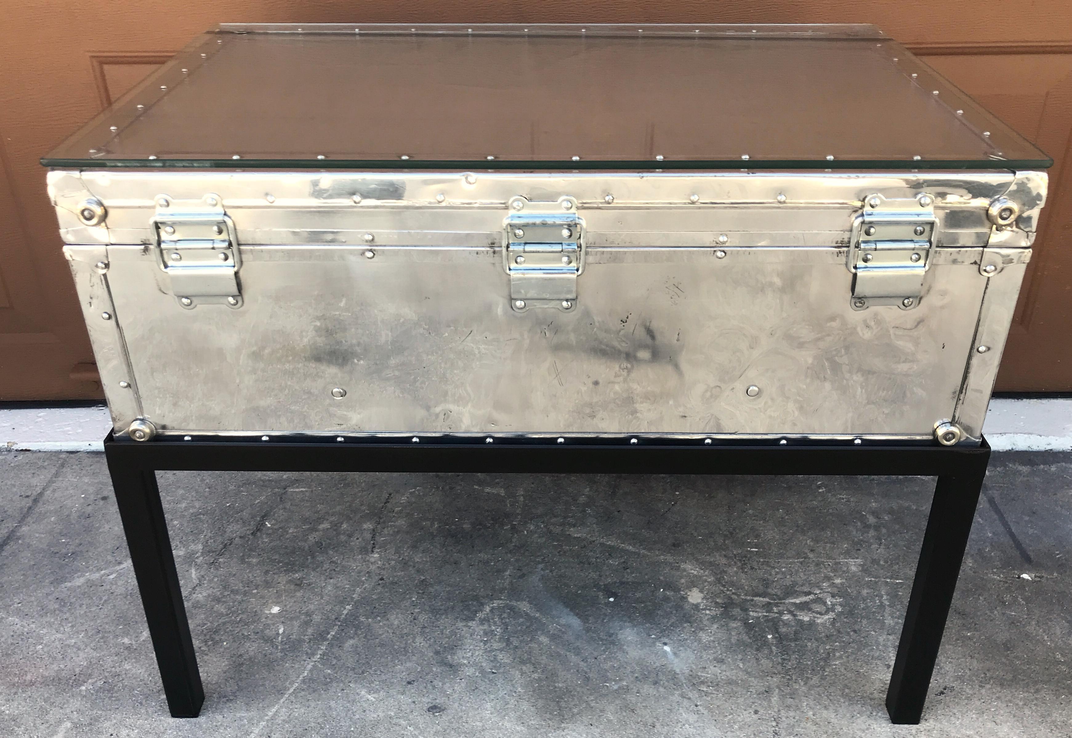 Modern Japanese Post War Aluminum Riveted Trunk on Iron Stand with Glass Top, Restored For Sale