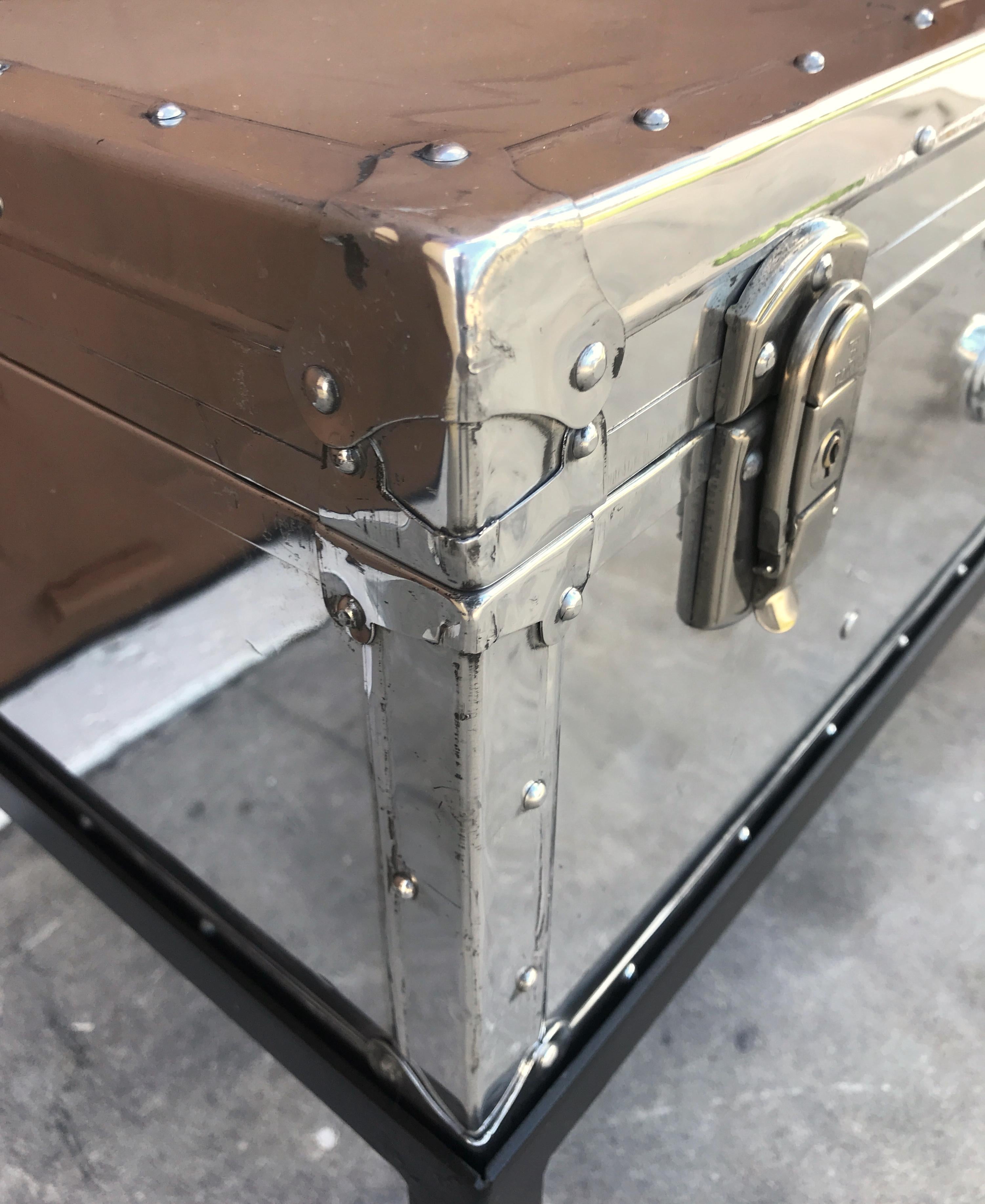 Japanese Post War Aluminum Riveted Trunk on Iron Stand with Glass Top, Restored In Good Condition For Sale In West Palm Beach, FL