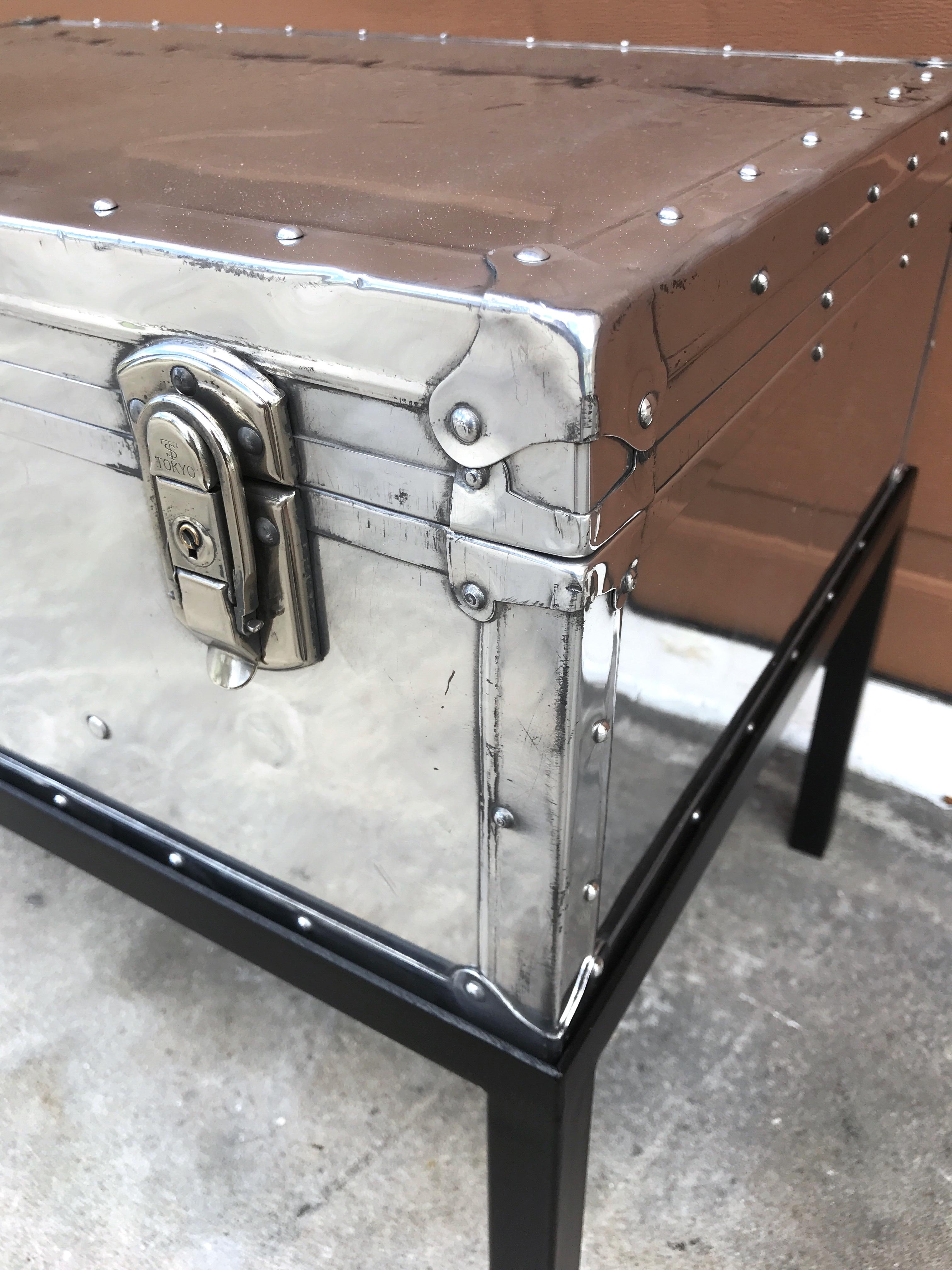 Japanese Post War Aluminum Riveted Trunk on Iron Stand with Glass Top, Restored For Sale 1