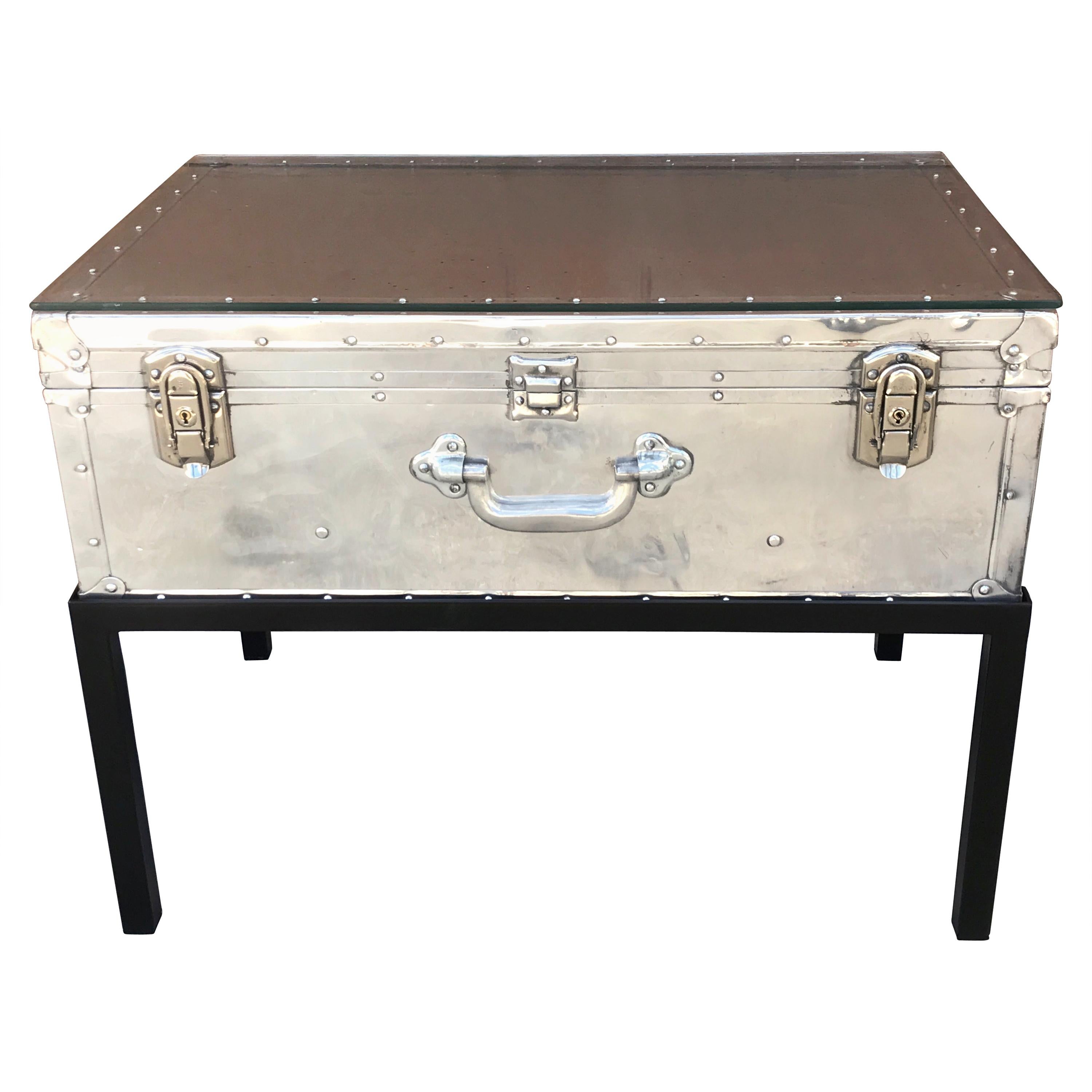 Japanese Post War Aluminum Riveted Trunk on Iron Stand with Glass Top, Restored For Sale