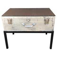 Vintage Japanese Post War Aluminum Riveted Trunk on Iron Stand with Glass Top, Restored