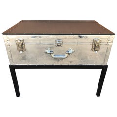 Japanese Post War Aluminum Riveted Trunk on Iron Stand with Glass Top, Restored