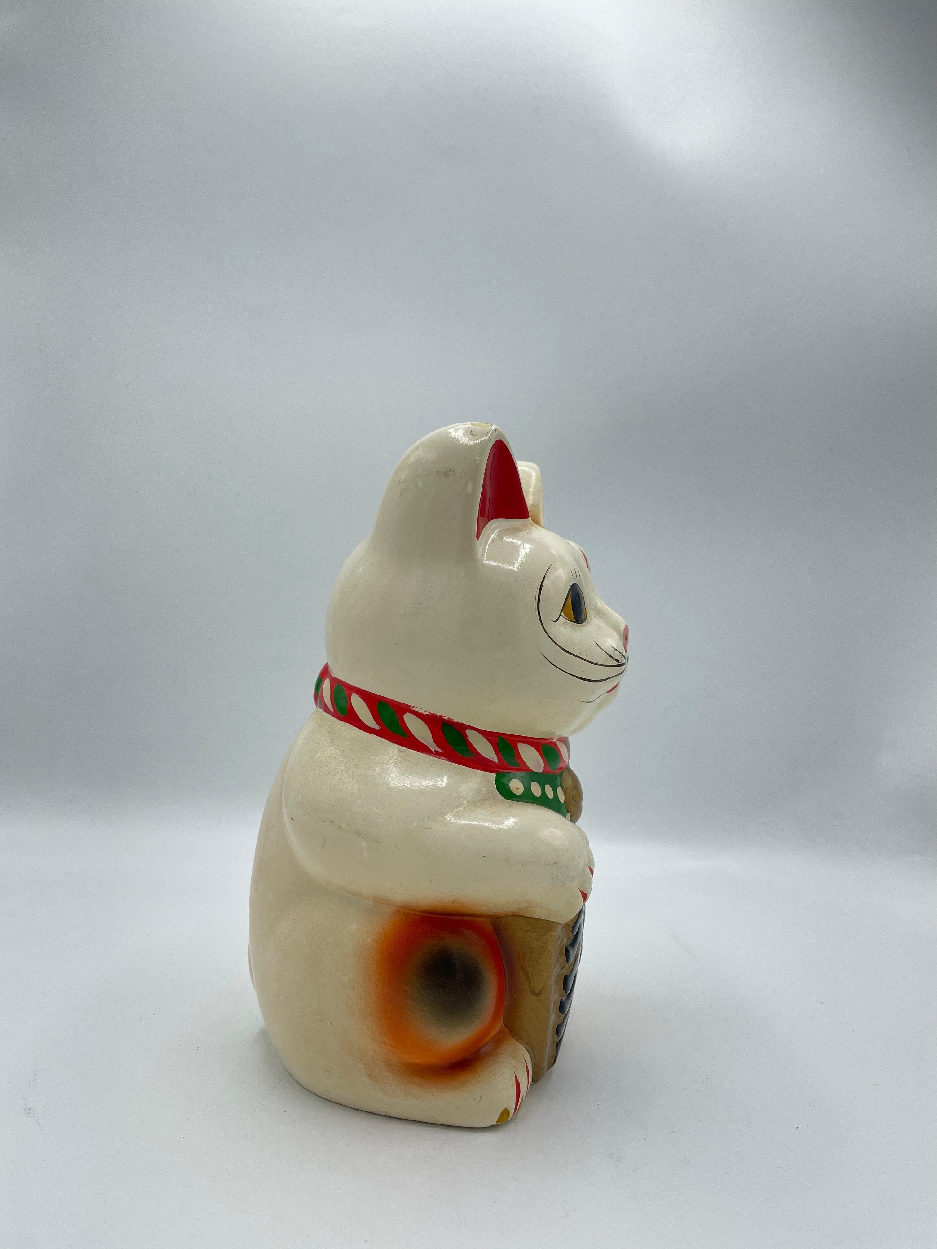 Hand-Painted Japanese Pottery Manekineko Cat Object Piggy Bank 1980s Showa