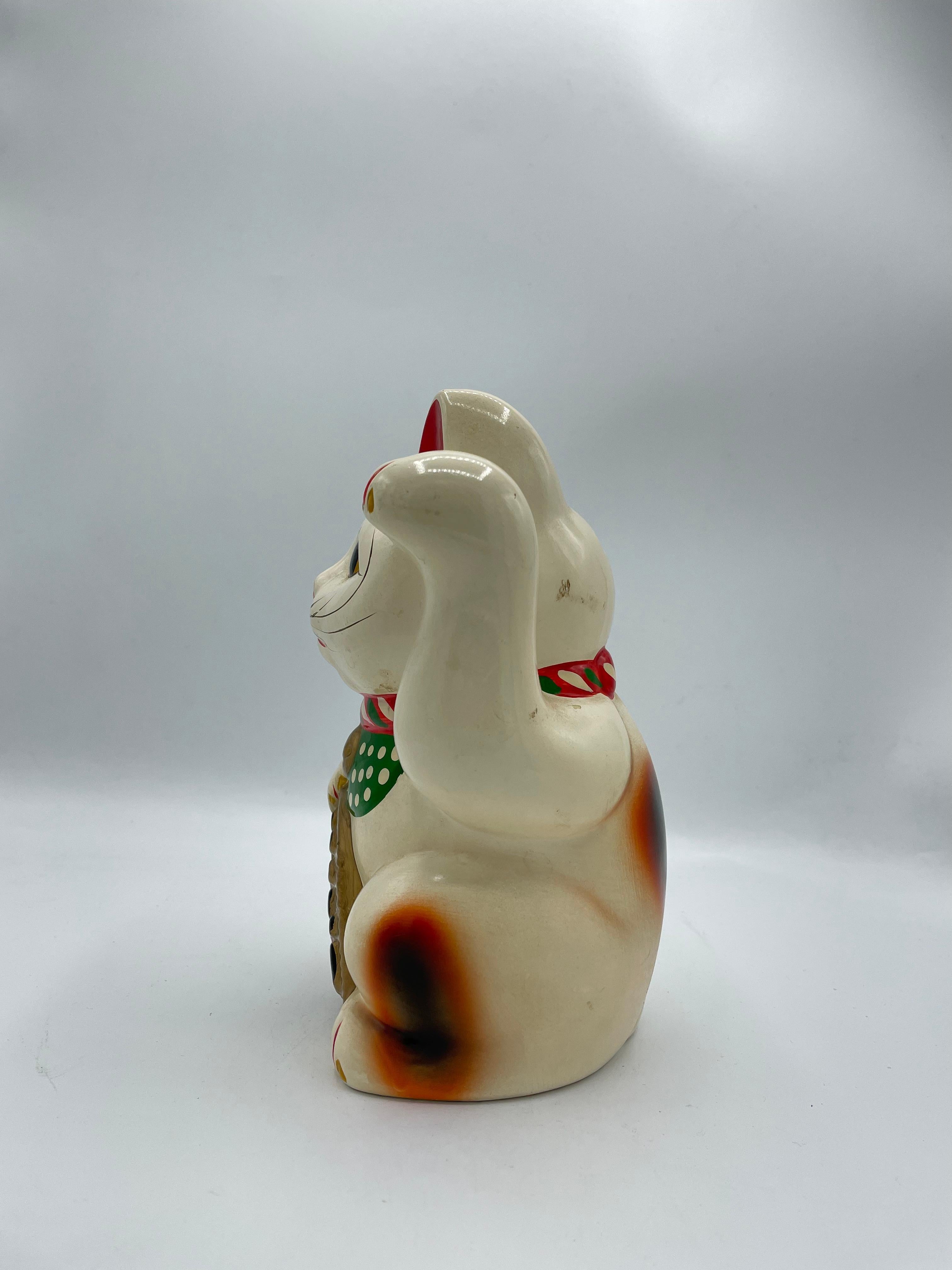 Late 20th Century Japanese Pottery Manekineko Cat Object Piggy Bank 1980s Showa For Sale