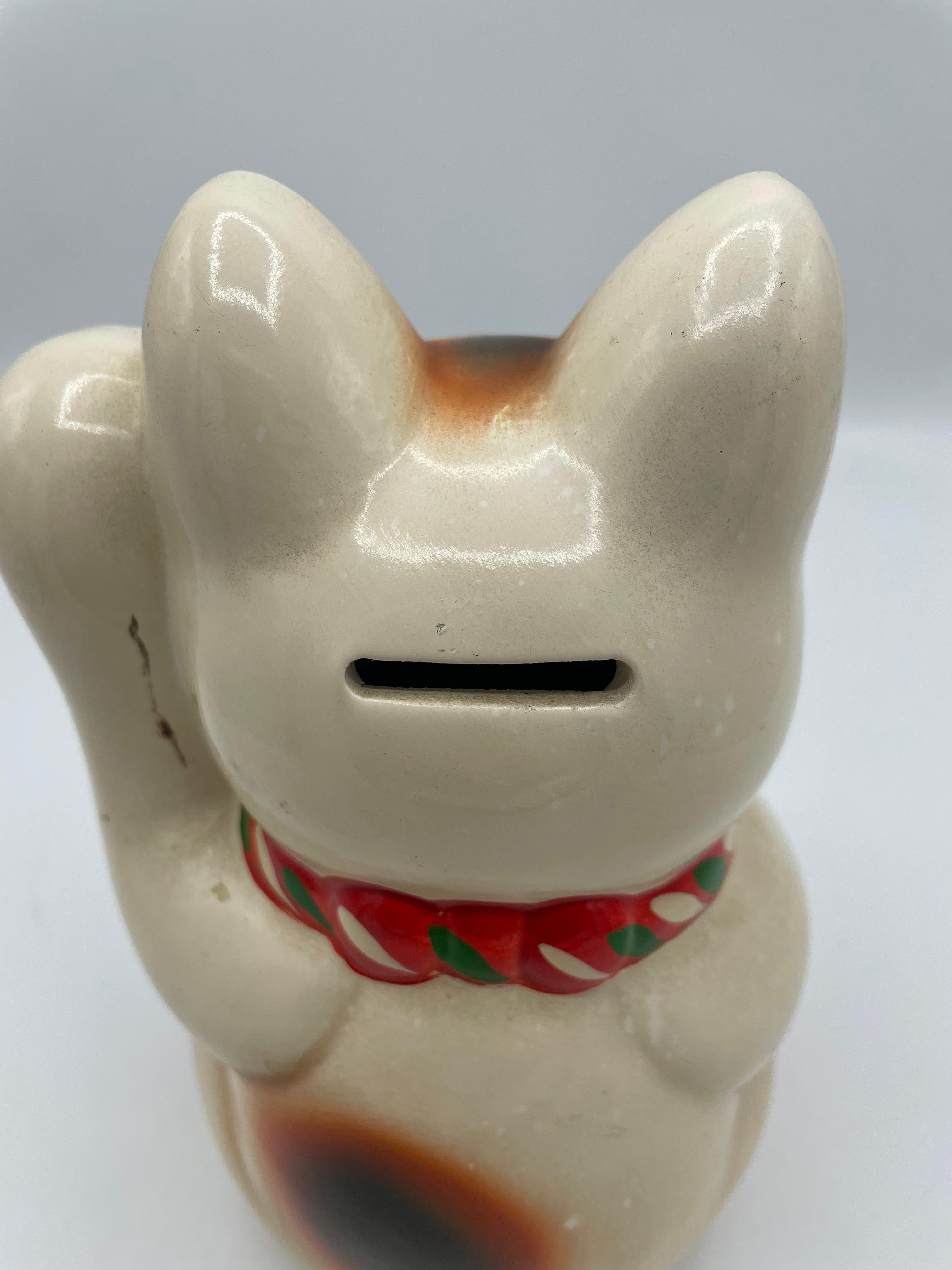Japanese Pottery Manekineko Cat Object Piggy Bank 1980s Showa 4