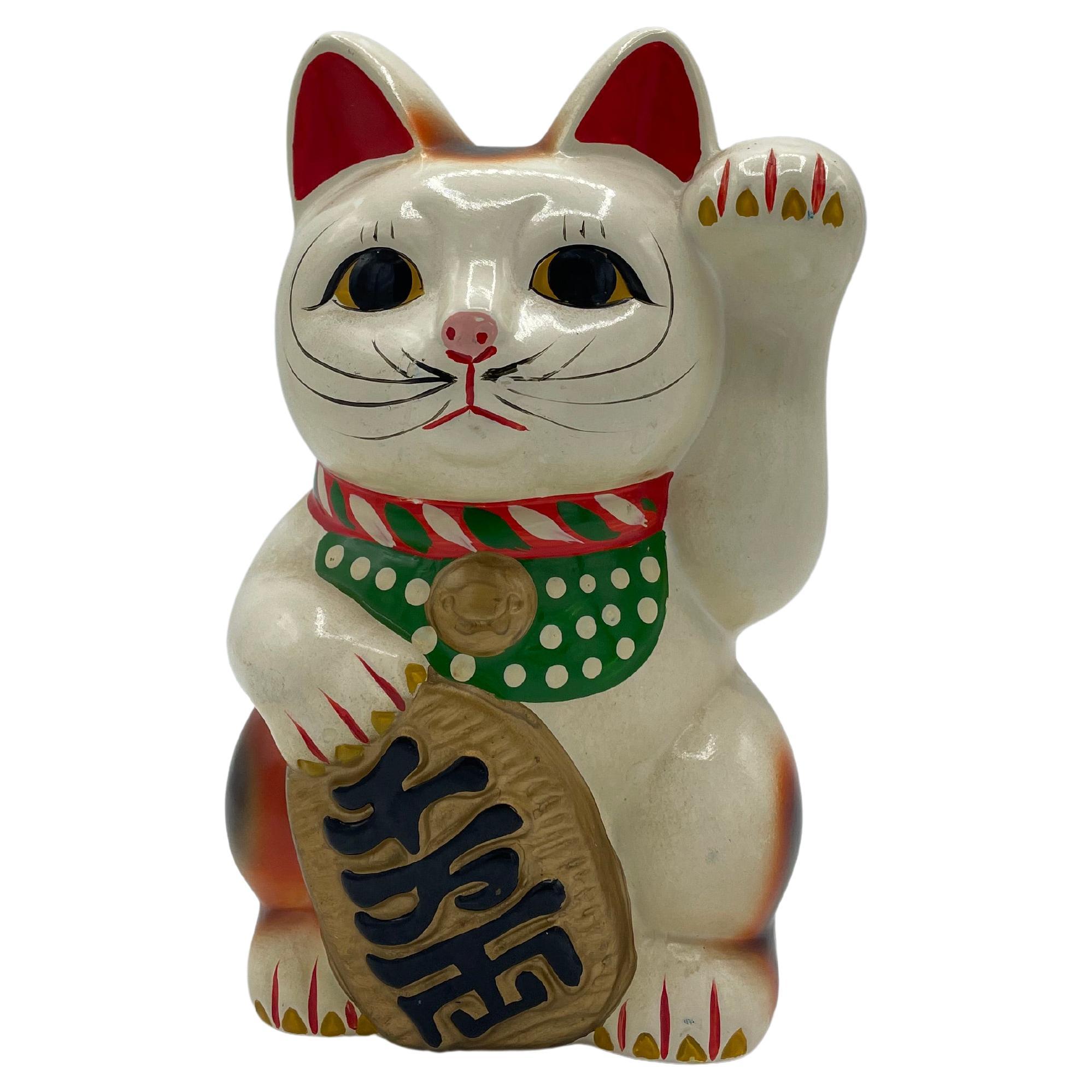 Japanese Pottery Manekineko Cat Object Piggy Bank 1980s Showa For Sale