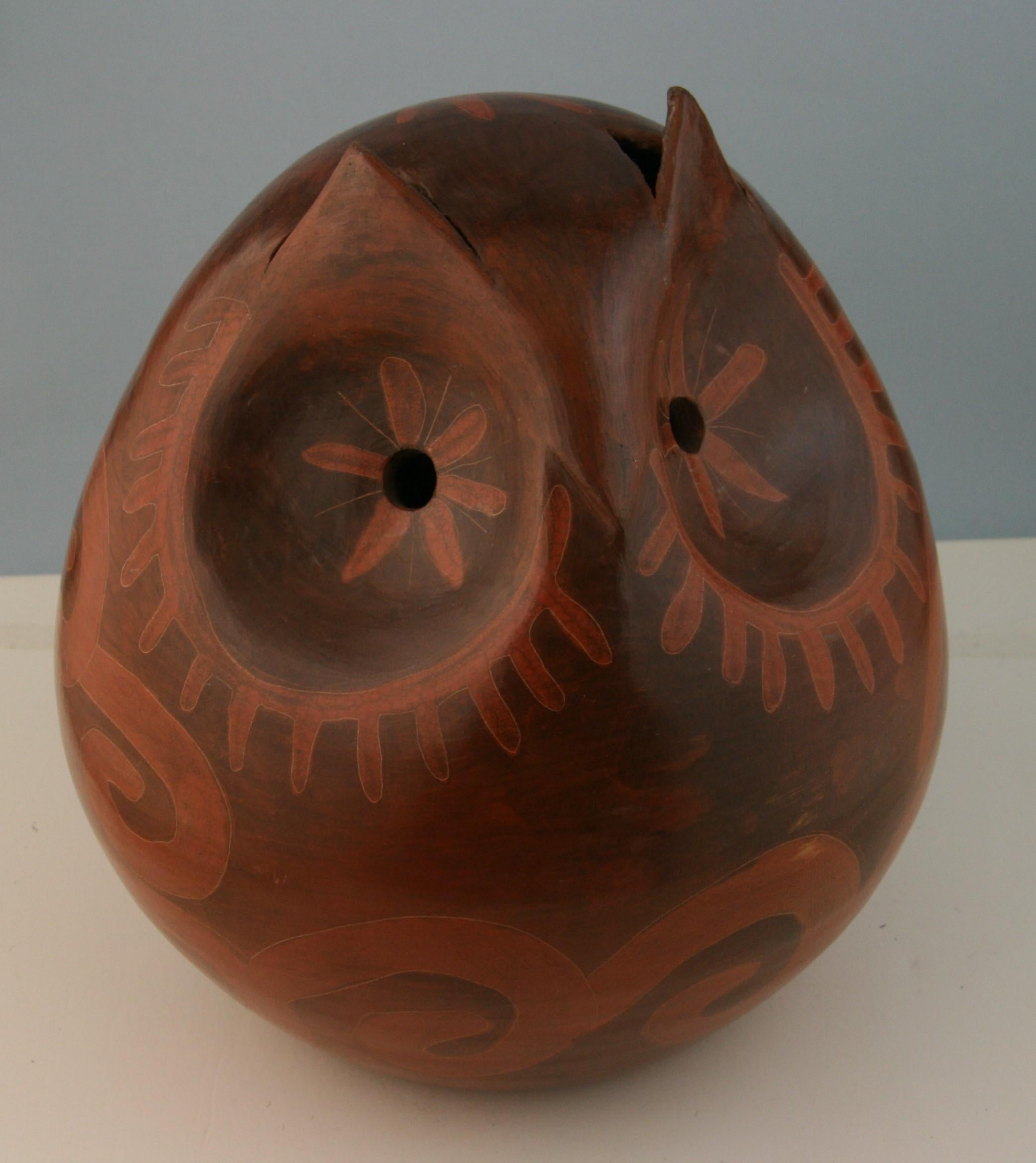 3-829 Japanese hand made and decorated large whimsical pottery owl.
 