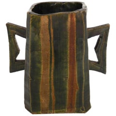 Japanese Pottery Vessel with Two Large Handles in Matte Earth Colors