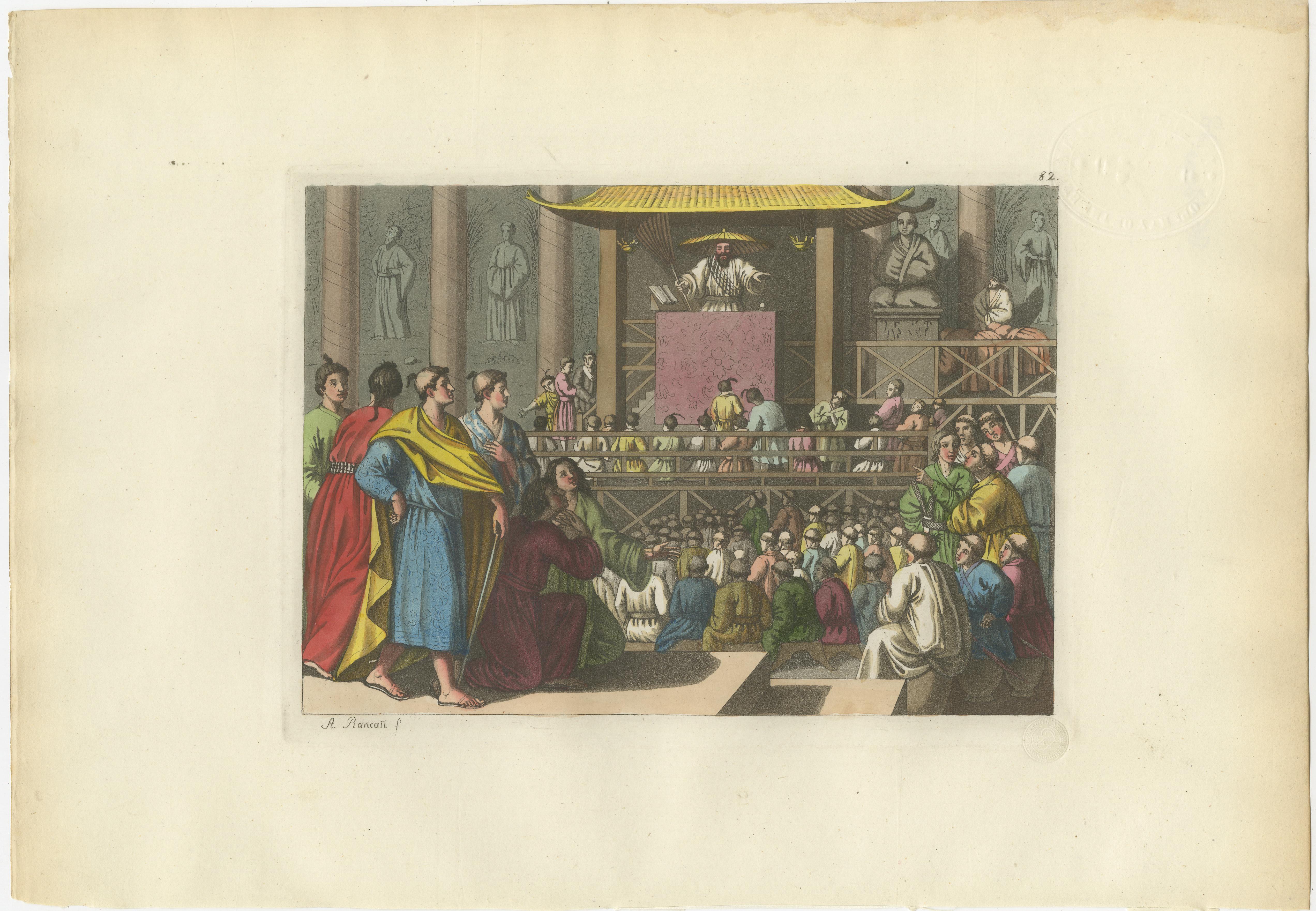 Japanese Preacher in Temple – Ferrario Costume Print, Hand-Colored c.1815
