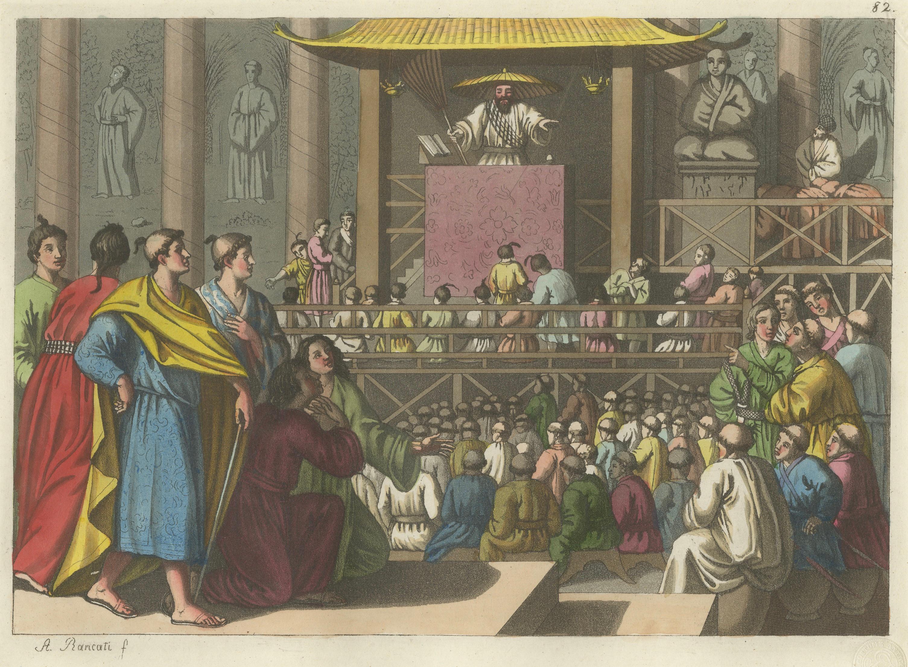 Japanese Preacher in Temple – Ferrario Costume Print, Hand-Colored c.1815