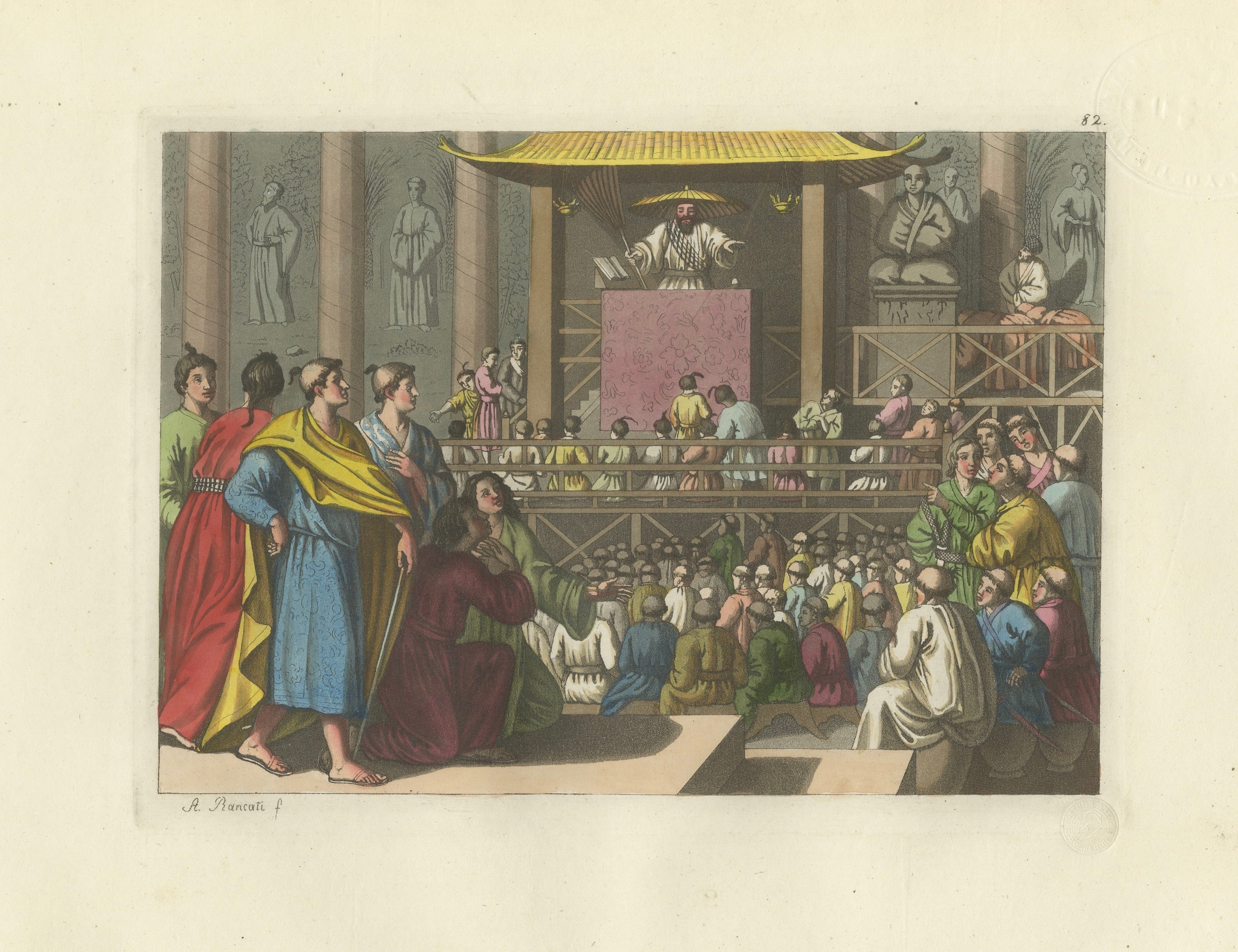 Japanese Preacher in Temple – Ferrario Costume Print, Hand-Colored c.1815