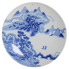 Japanese Printed Plate with Landscape in Blue and White, Circa 1900