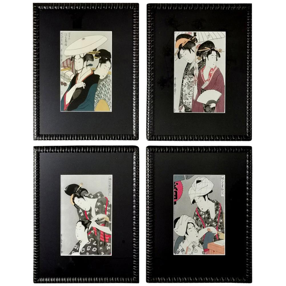 Japanese Prints on Silk Set of 4 with "Faux Bamboo" Frame, 1880-1890