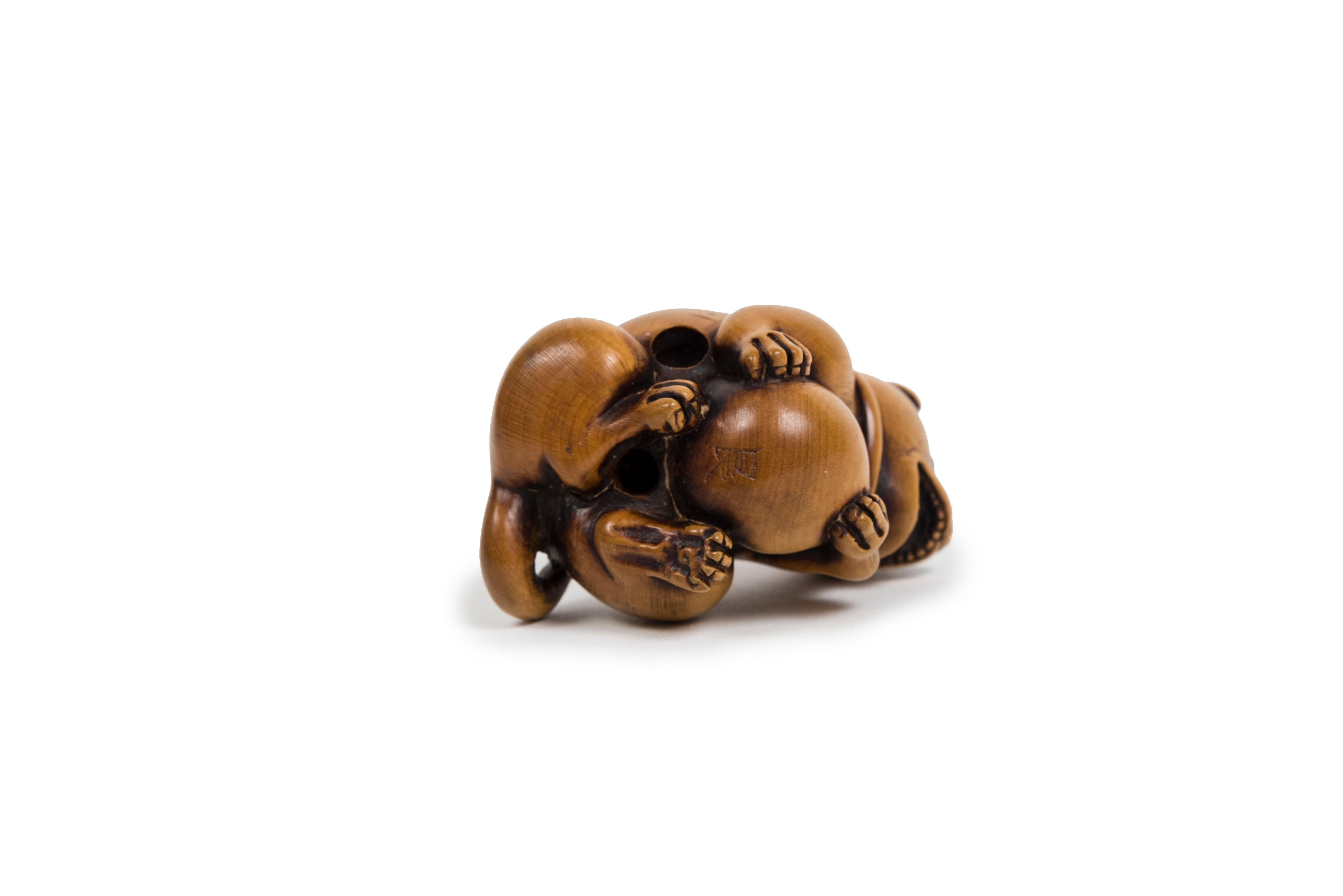 Sculpté Chiot japonais Nestuke en buis en vente