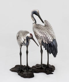 Japanese Pure Silver and Mixed Metal Cranes Okimono