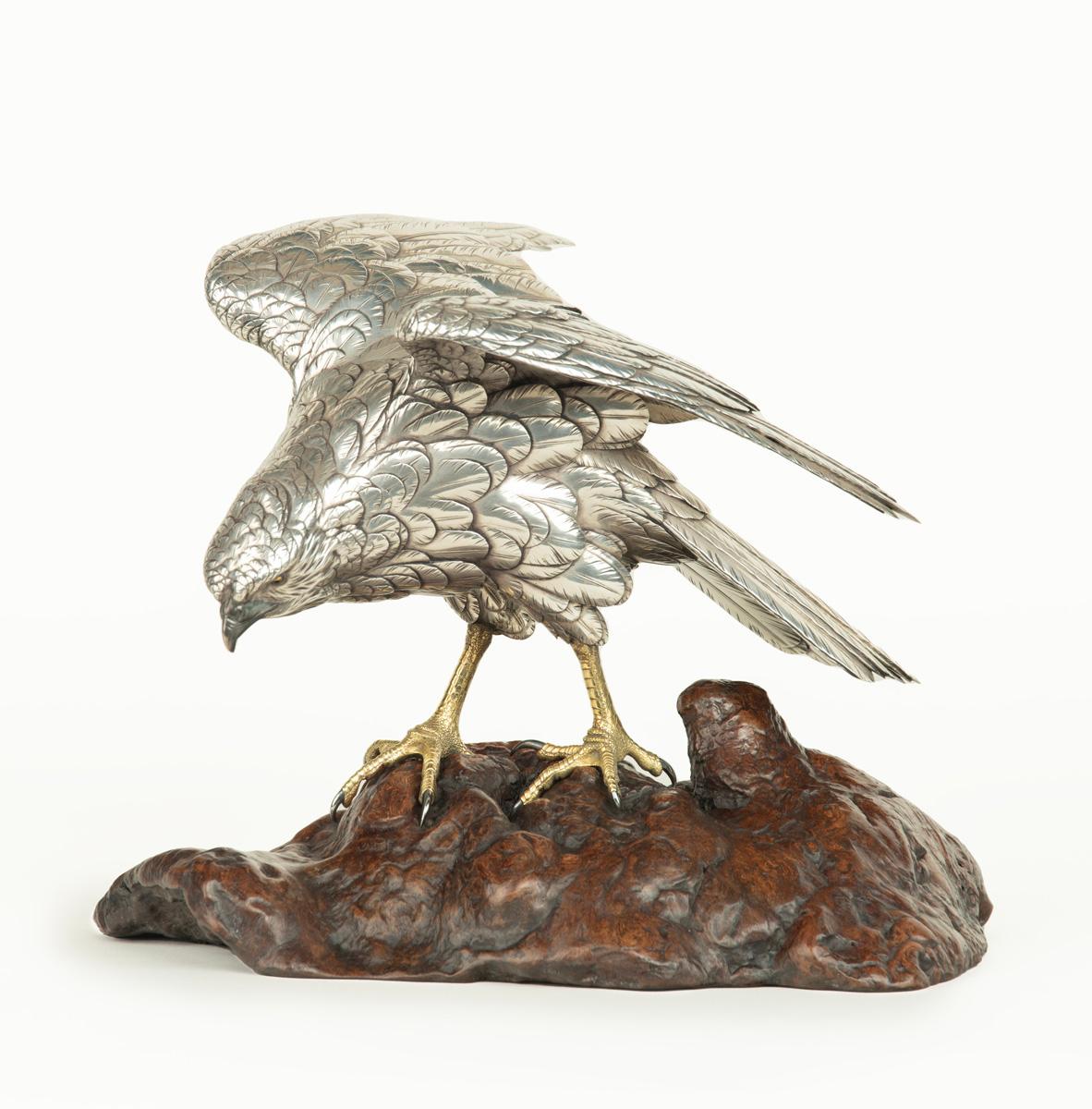 As part of our Japanese works of art collection we are delighted to offer this scarce pure silver Meiji Period (1868-1912) okimono of a hawk, artist signed Juiedo for the famous Musashiya company operated by Ozeki Yahei , on this occasion the artist